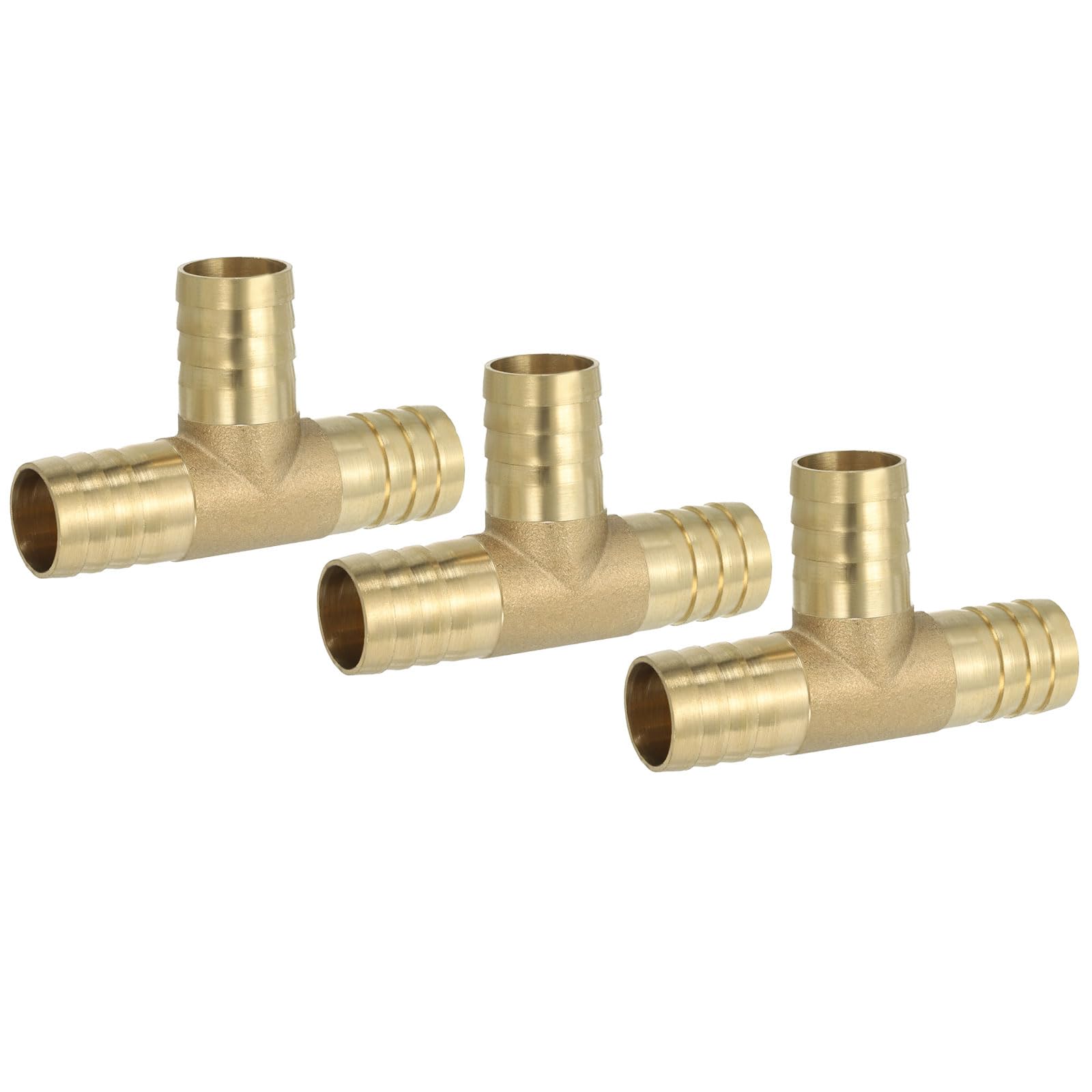 PATIKIL 5/8" Brass Tee Hose Barb Fitting,3 Pcs 3 Ways Union Intersection T Shape Barbed Split for Air Water Fuel Gas Liquid, Golden