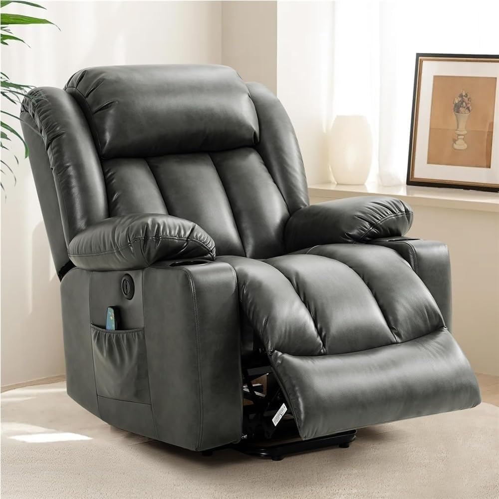 Heated Massage Electric Lift Recliner Chair for Elderly Adults Breathable Leather Upholstery Grey Living Room Sofa with 2 Cup Holders USB Charging Ports Metal Frame Support