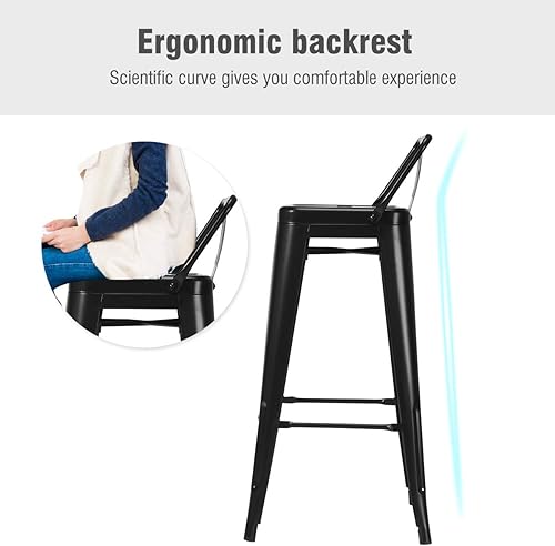 Miniatura 7 de COSTWAY Juego de 4 taburetes de bar de metal, con respaldo extraíble, altura de barra de 30 pulgadas con patas de goma, sillas elegantes y modernas,