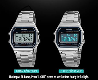 OLAZONE Men's Digital Watch Stainless Steel Band Water Resistant Electronic Square LED Back Light Wristwatch