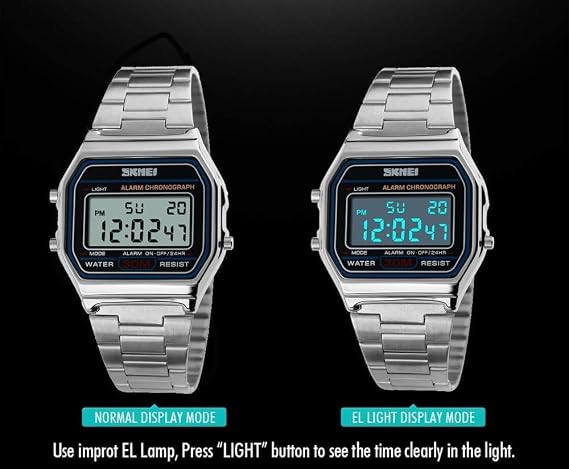 OLAZONE Men's Digital Watch Stainless Steel Band Water Resistant Electronic Square LED Back Light Wristwatch