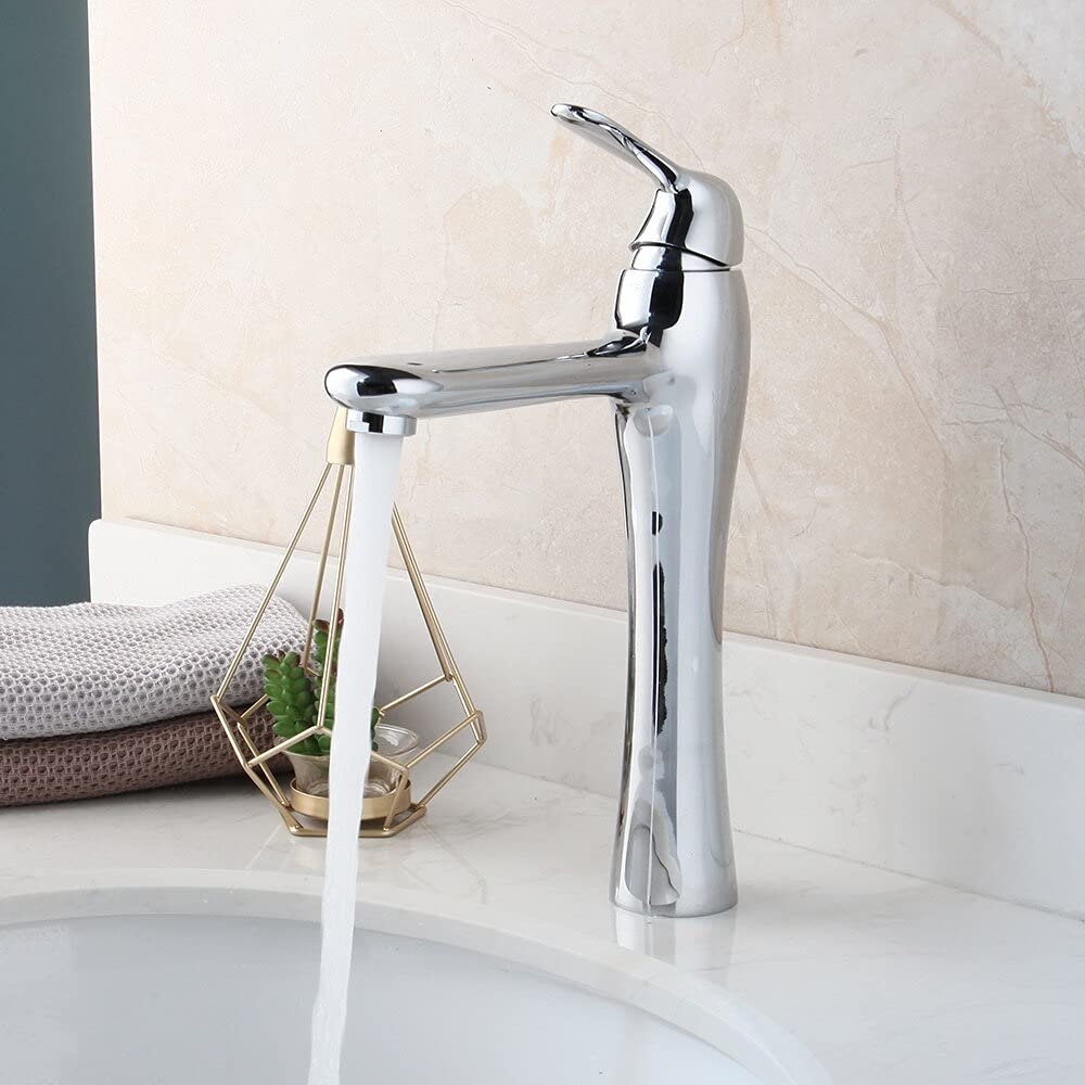 Grifo mezclador de lavabo cromado con caño largo y control de temperatura suave