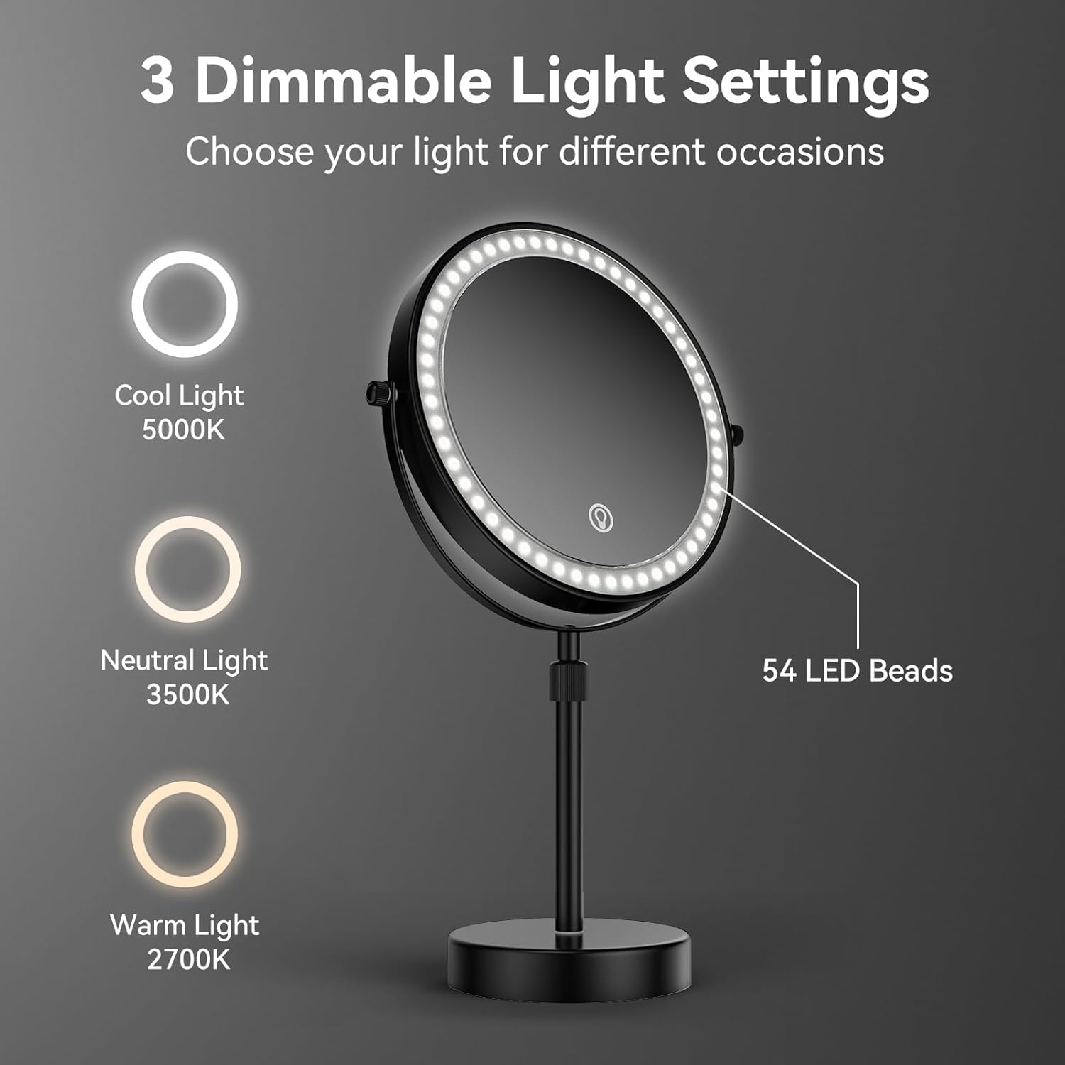 Nicesail Height-Adjustable Table Mirror Black Makeup Mirror with Lighting Rechargeable Cosmetic Mirror with 10x Magnification - Image 4