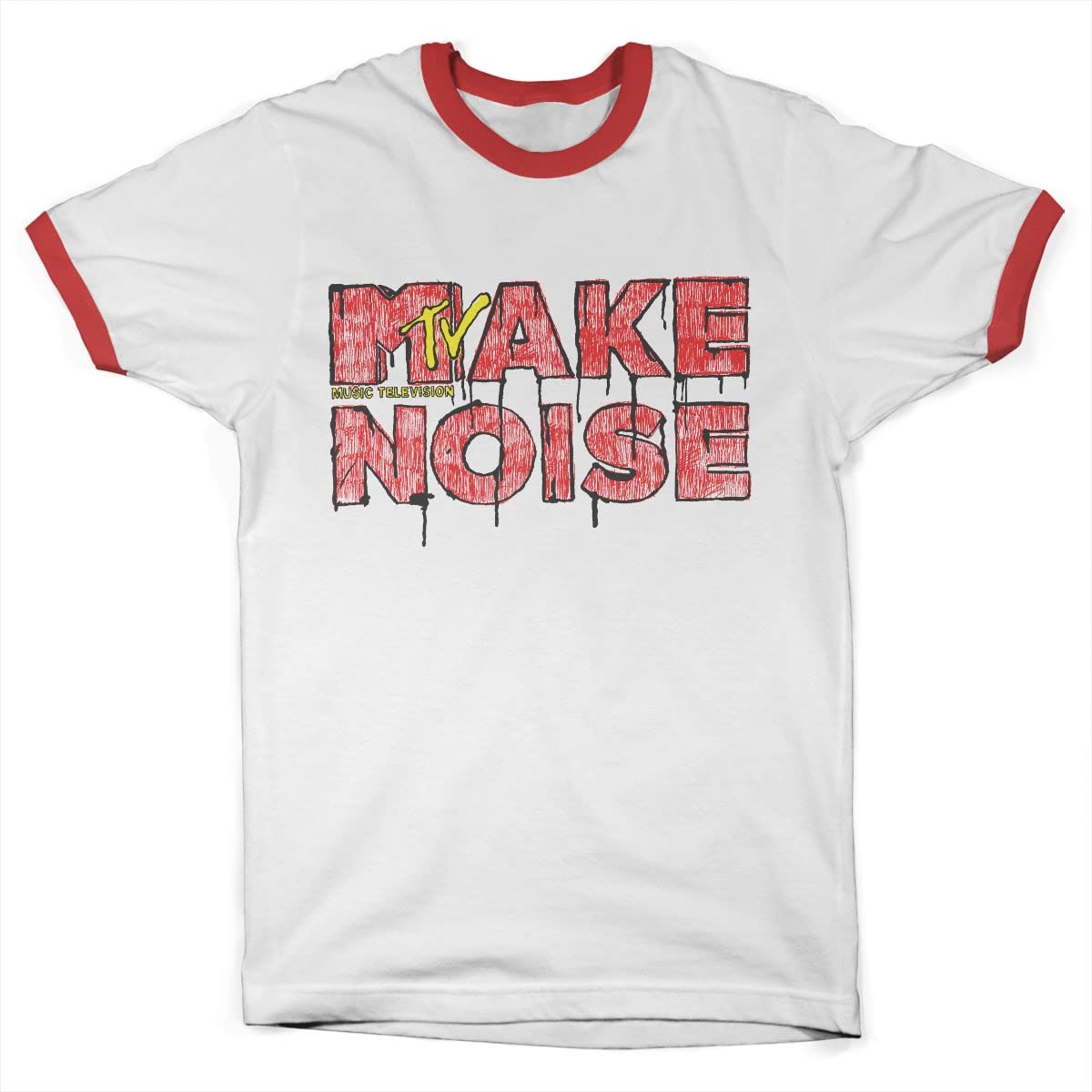 Mtv Unisex White-Red Officially Licensed Make Noise Ringer Mens T-Shirt (White-Red), L