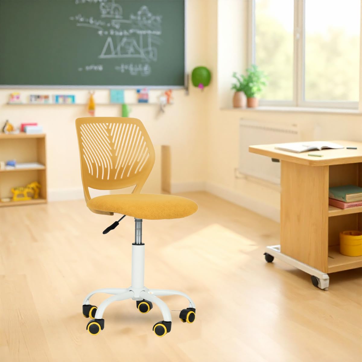 FurnitureR Kompakter Klassenstuhl, ergonomischer Sitz für Schule, Rückenlehne aus atmungsaktivem Netzgewebe, höhenverstellbar, Zeichenzimmerstuhl für Kinder, leicht zu bewegen, 360 °, Gelb