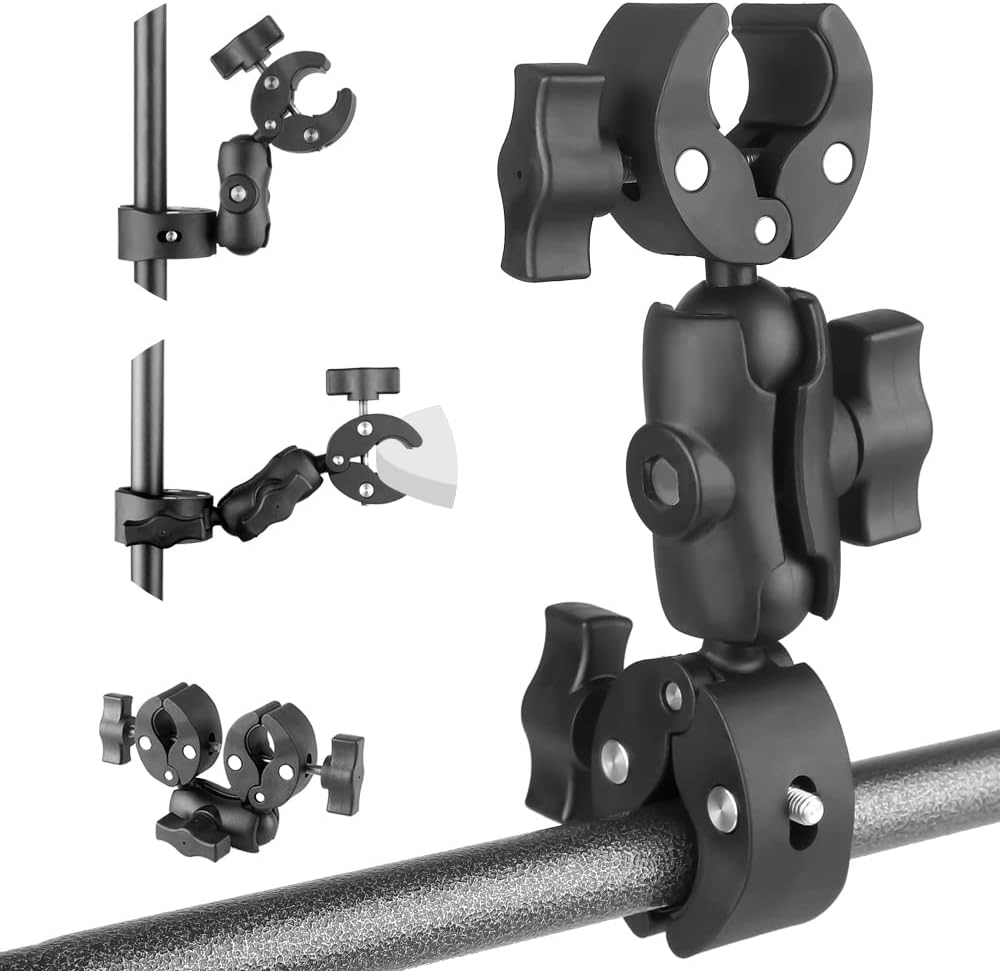 Double Clamp Mount with 360°Magic Arm Umbrella Pole Clamp for Chair Monitor Desk Photo Studio Light Stand, Photography Reflector, Strollers, Motorcycle, Flag Holder Mount, Cross Bar, Photo Boom Stand STCJ