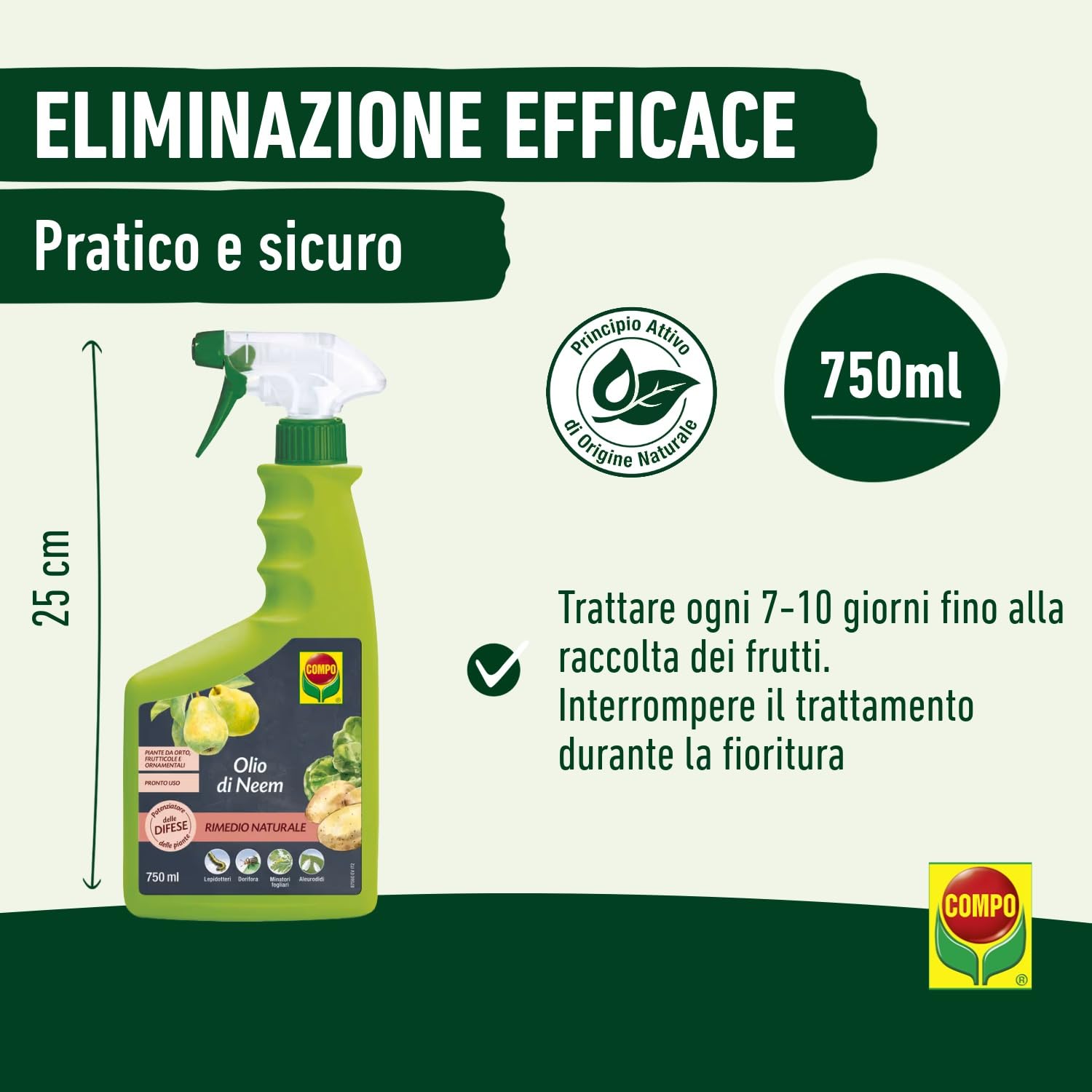 COMPO Olio di Neem 100% Naturale, Potenziatore Difese Piante contro Insetti, 750 ml