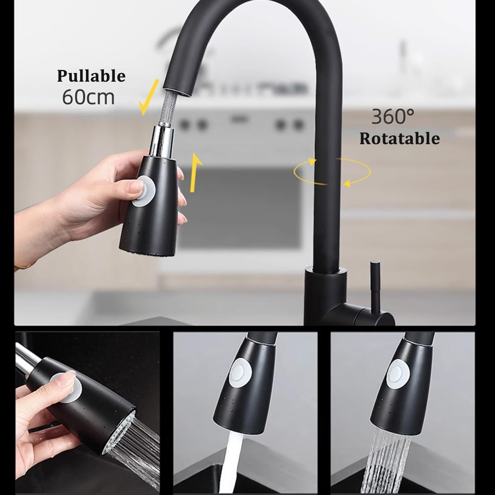 Fregadero De Acero Inoxidable Negro Fregadero De Cocina Fregadero Grande De Dos Senos Grifo Extraíble Negro Accesorios Completos, 82x45x22cm