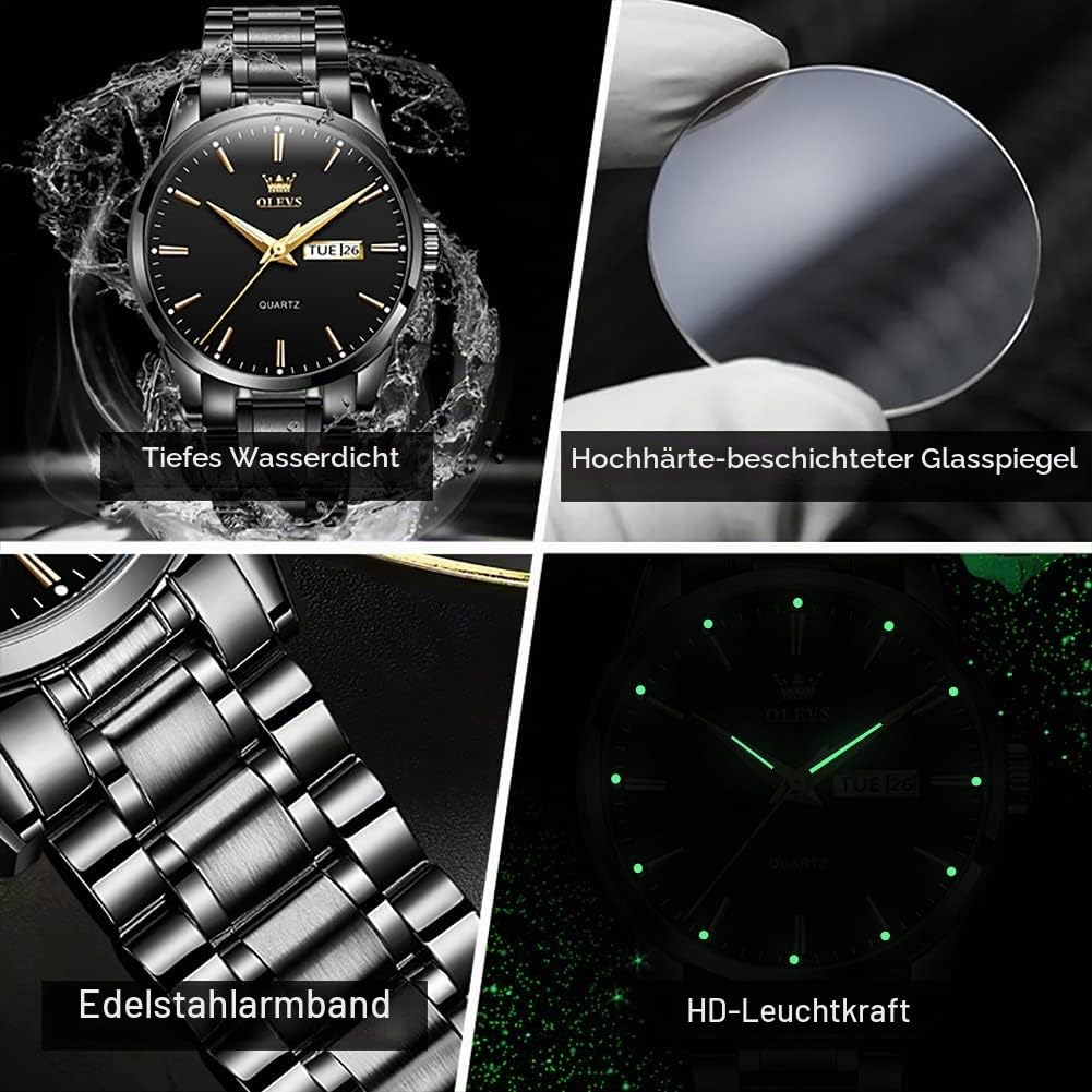 OLEVS Herrenuhren Skelettuhr Quarz Rennwagenrad Edelstahl Casual Sports Wasserdicht Leuchtend Herrenarmbanduhren