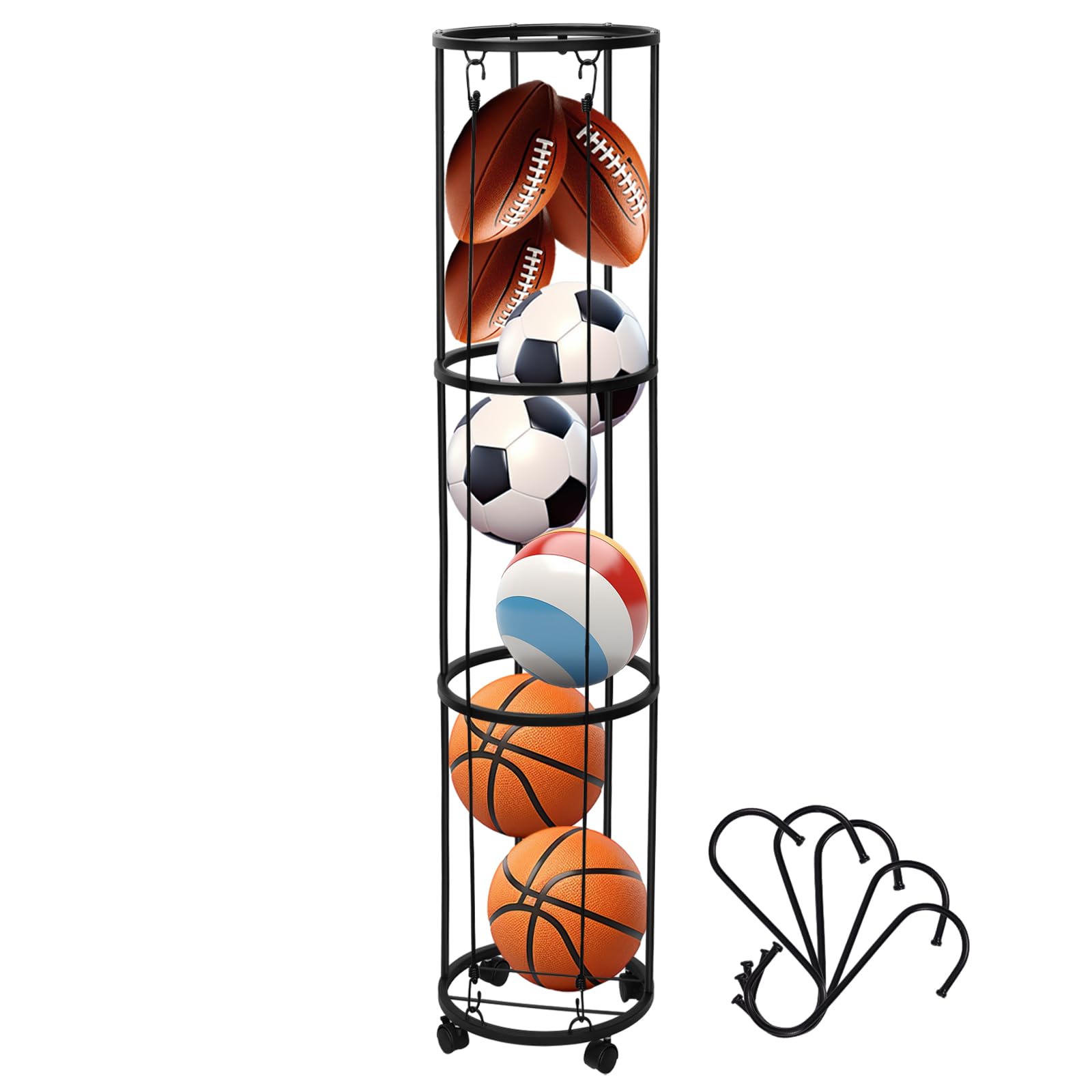 Rastrelliera per Palloni a 3 Livelli Verticale per Basket Calcio Attrezzature Sportive Scaffale Rimovibile