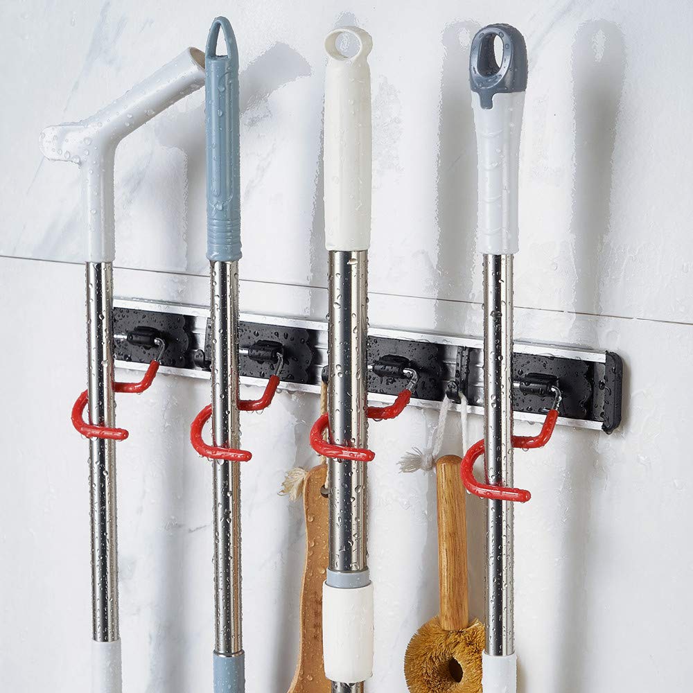 QBOSO - Soporte para escoba y trapeador montado en la pared, de acero inoxidable, tipo S, organizador antideslizante para trapeador (17 pulgadas, 4 posiciones, 3 ganchos, rojo negro) 5