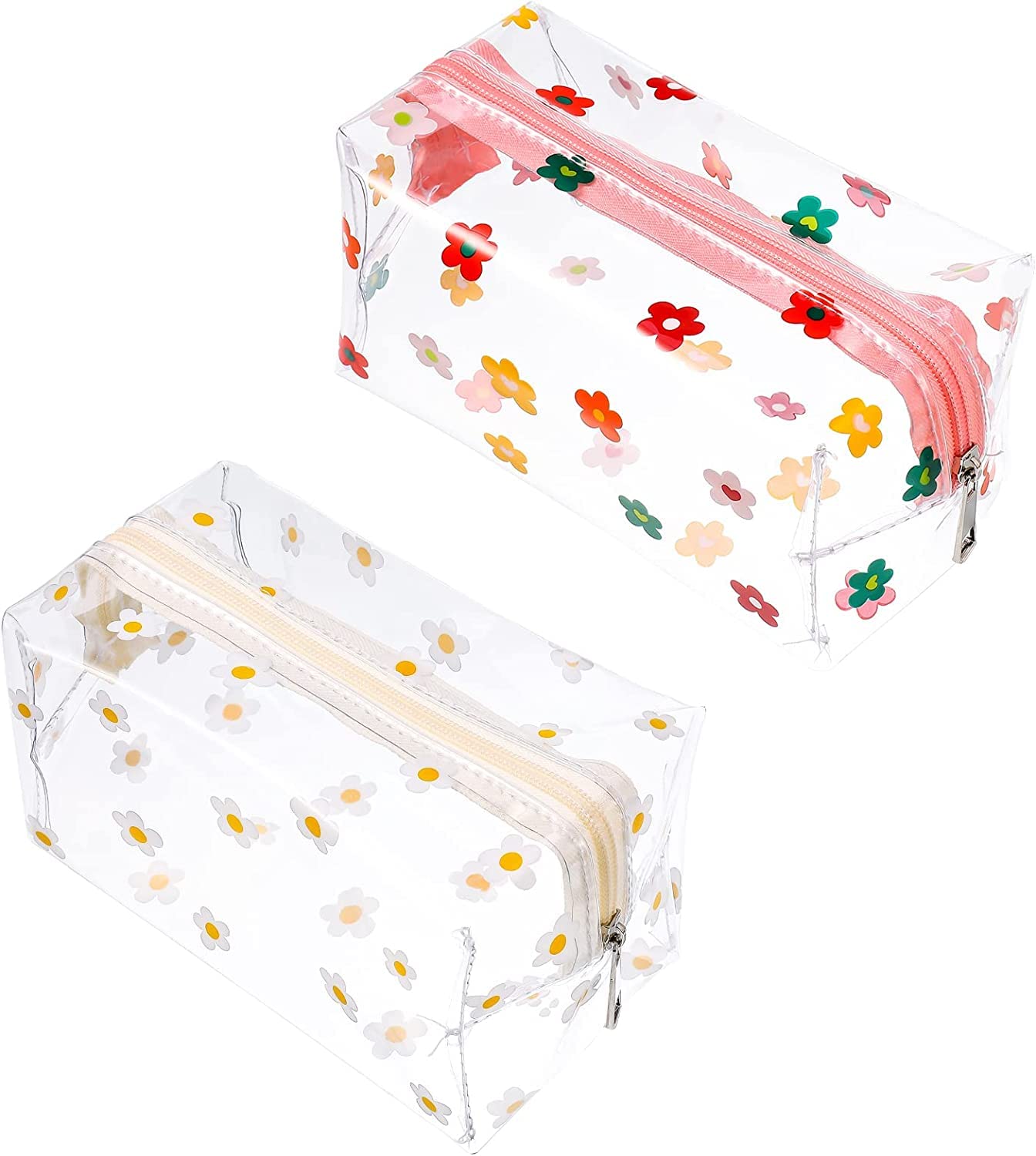 Clear Pencil Case, 2Pcs Large Pen Bag Stationery Pouch, PVC Transparent Flowers Pattern Make up Bag, Suitable for Women and Girls to Store Stationery and Cosmetics and Kkin Care Products