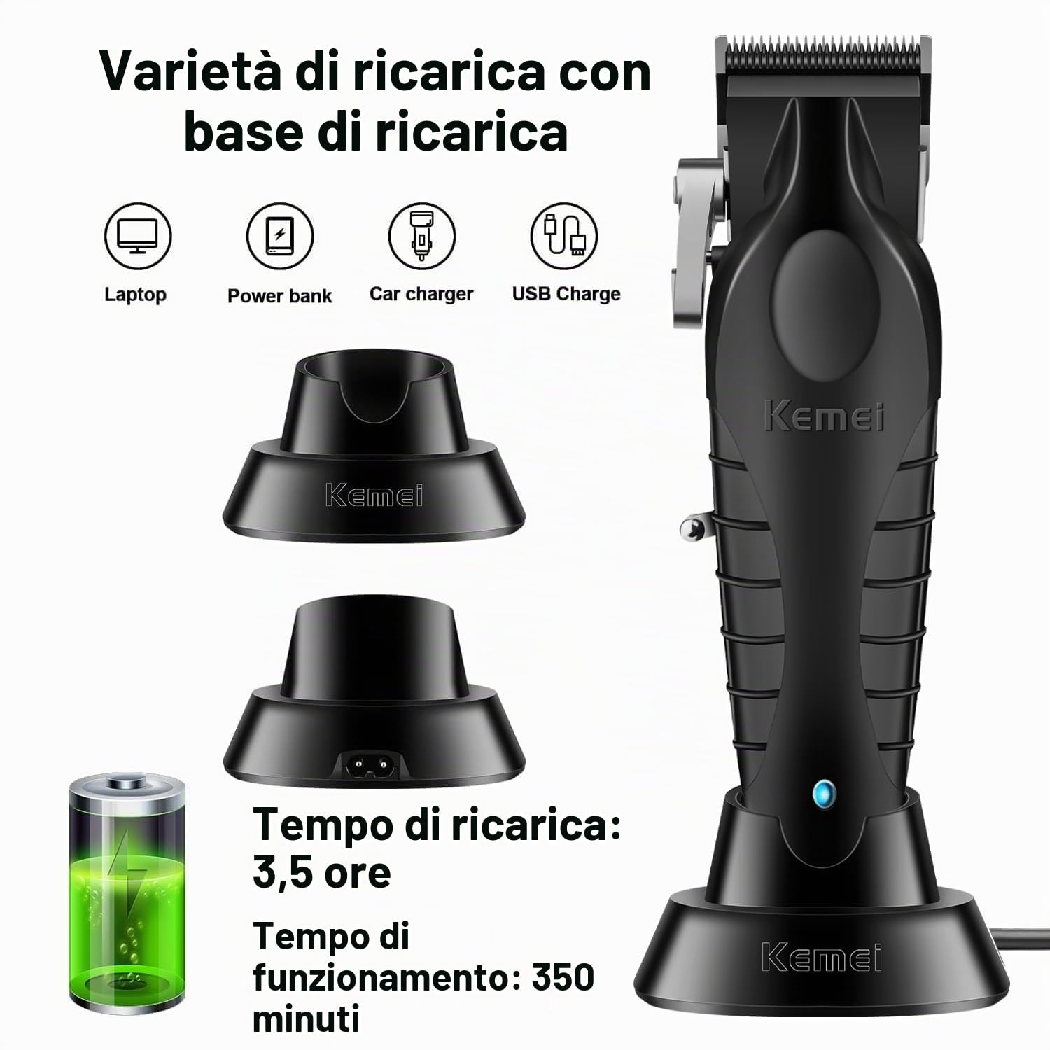 KEMEI 2296 - Tagliacapelli professionale uomo, senza fili, ricaricabile USB, 350 minuti, 8 pettini guida