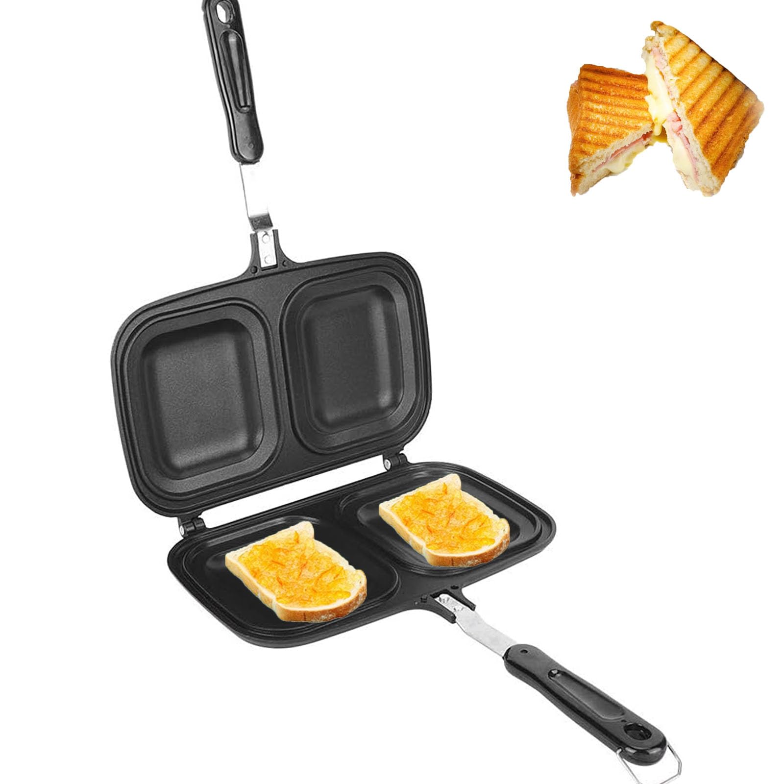 Homepatche Two-Hole Double-Sided Frying Pan, Practical Non-Stick Sandwich Frying Pan, Cast Aluminium Toast Pan, Mini Portable with Heat Resistant Handle, Flip Grill Pan for Breakfast Tools (Black7)