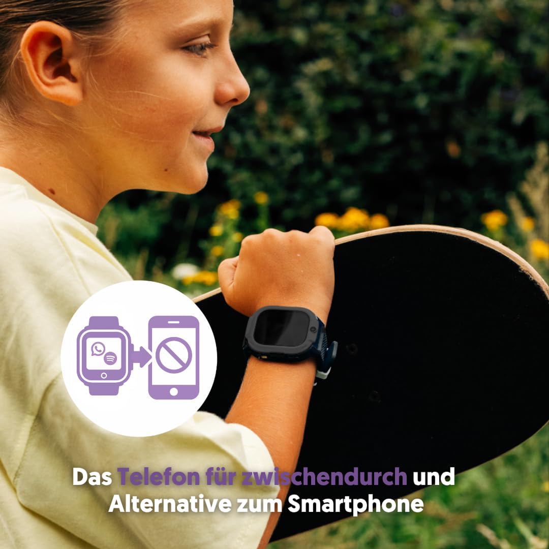 Rebel Cactus Kinder Smartwatch Sky – Moderne Benutzeroberfläche in Schwarz – Kinderuhr mit GPS und größe Speicher, mit einstelbare Zeitlimit und Hintergründe – Wasserdicht (IP67)