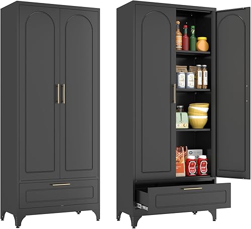 Miniatura 16 de Armario de almacenamiento de metal con puertas y estantes, armario de despensa de cocina de 75 pulgadas de alto, armarios de despensa para