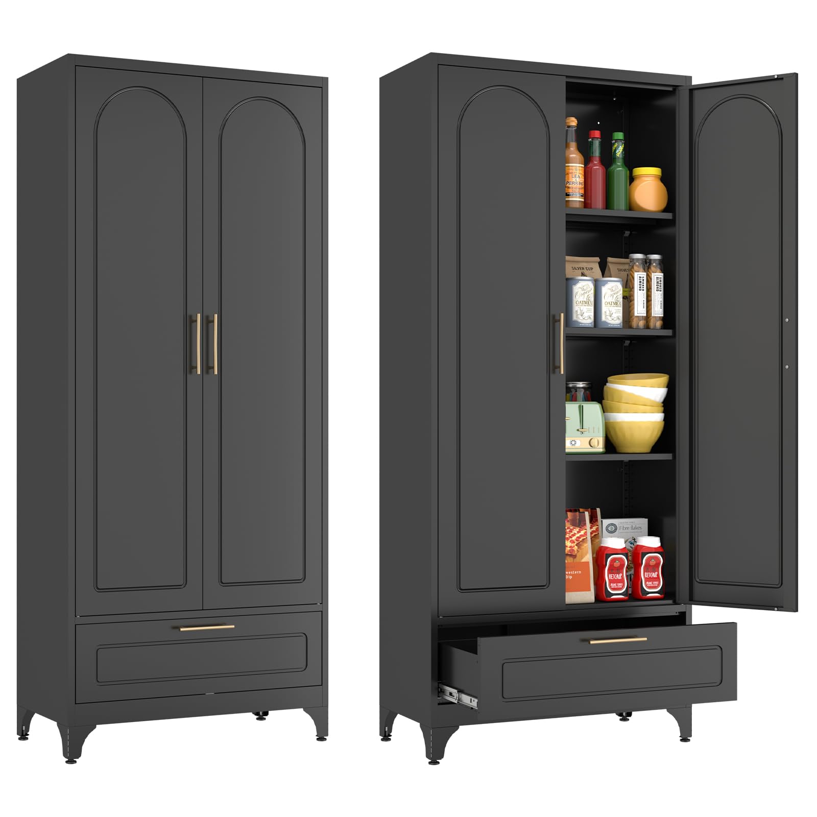 Polup Black Pantry Kitchen Cabinet with Drawer, 75 Inch Metal Storage Cabinet with Doors and Shelves, Steel Food Pantries, Large Freestanding Cupboard