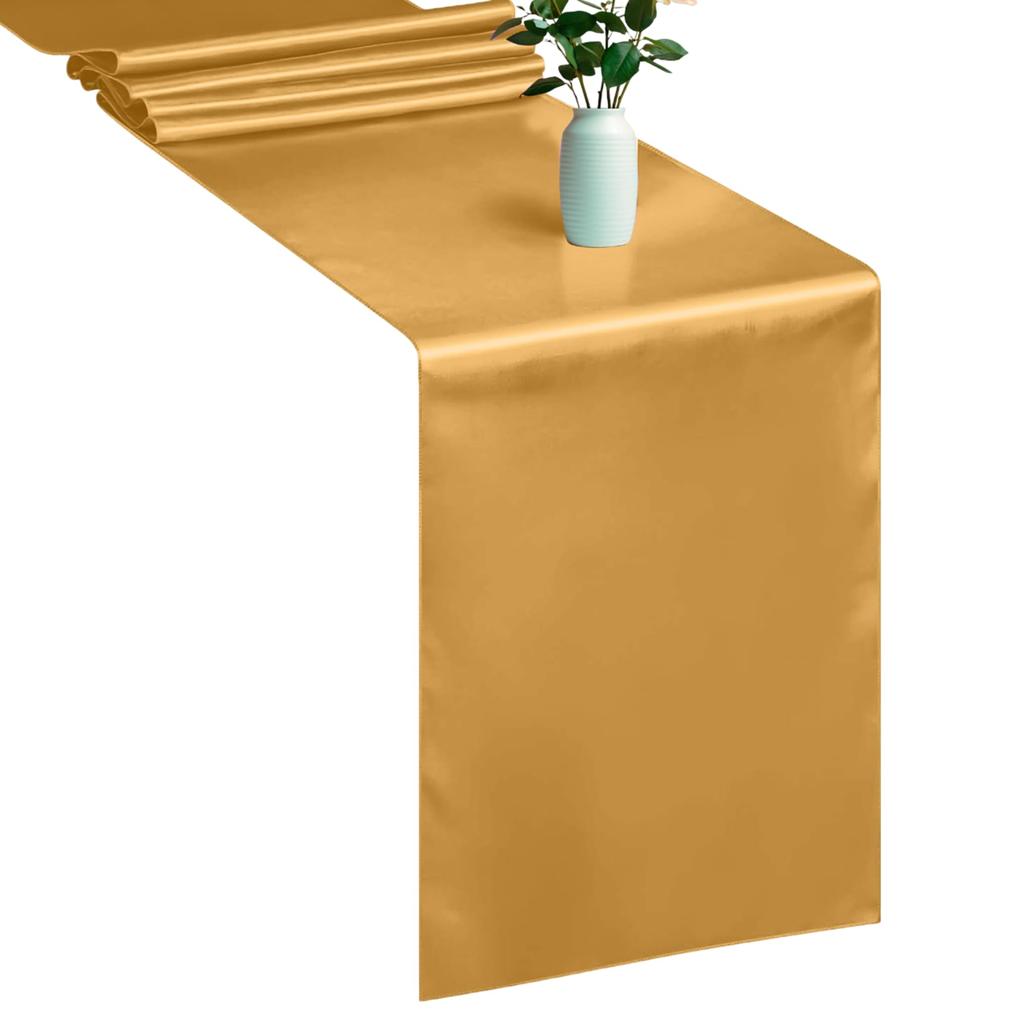 WedDecor Table Runner 11x108 inch Satin Table Runner Wrinkle-Free Drapes Elegant Dining Table Wedding Decorations Tabletop Decor Party Table Runners for Christmas Decorations, Gold, 10pcs — image 1
