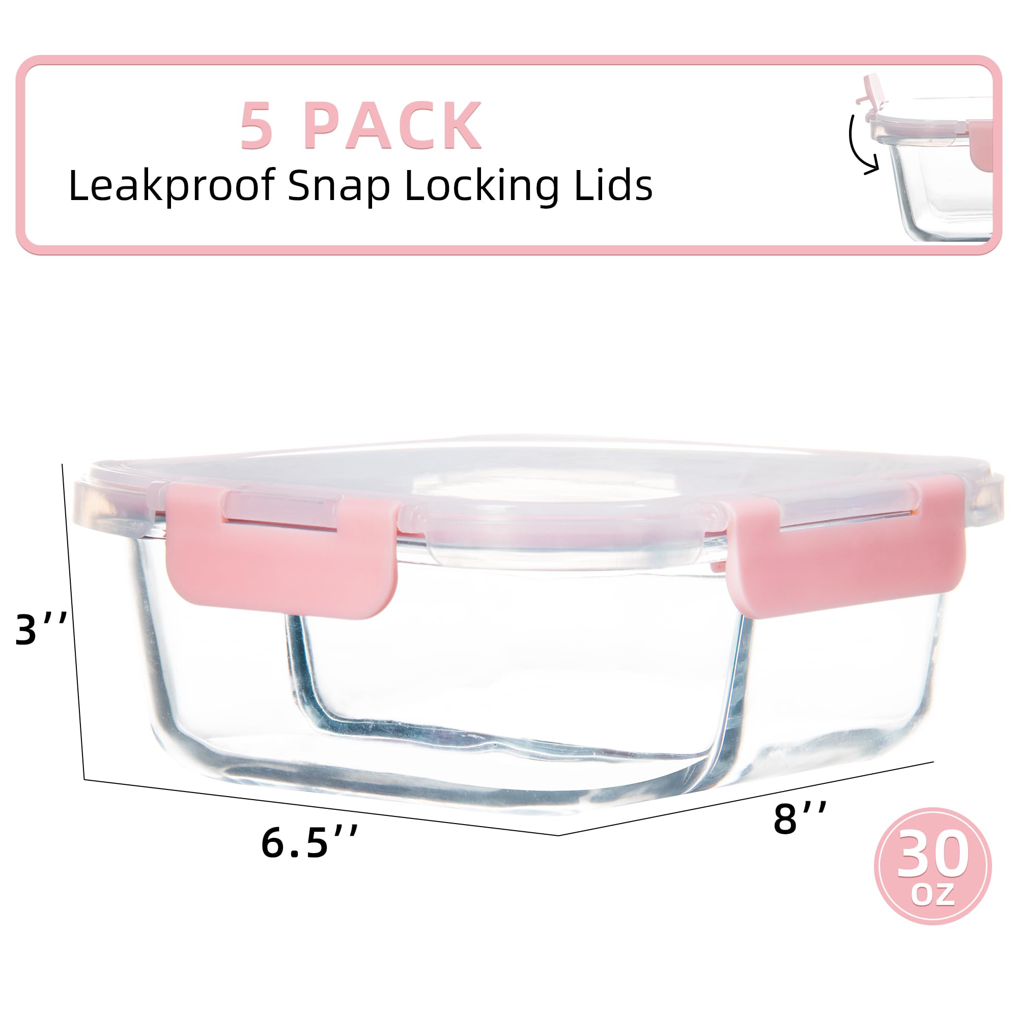 5 paquetes de recipientes de vidrio de 880 ml, 2 compartimentos, recipientes de vidrio para almacenamiento de alimentos con tapas, cajas Bento de vidrio herméticas, aptos para horno, congelador