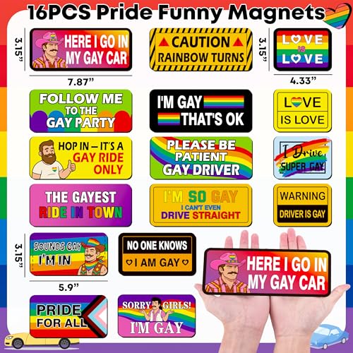 Image of 16PCS Gay Pride Car Bumper Magnets: Funny Rainbow Decals Bulk for LGBT Parade, Truck, Fridge, Cruise - Prank Gift Idea (Retro Lively)