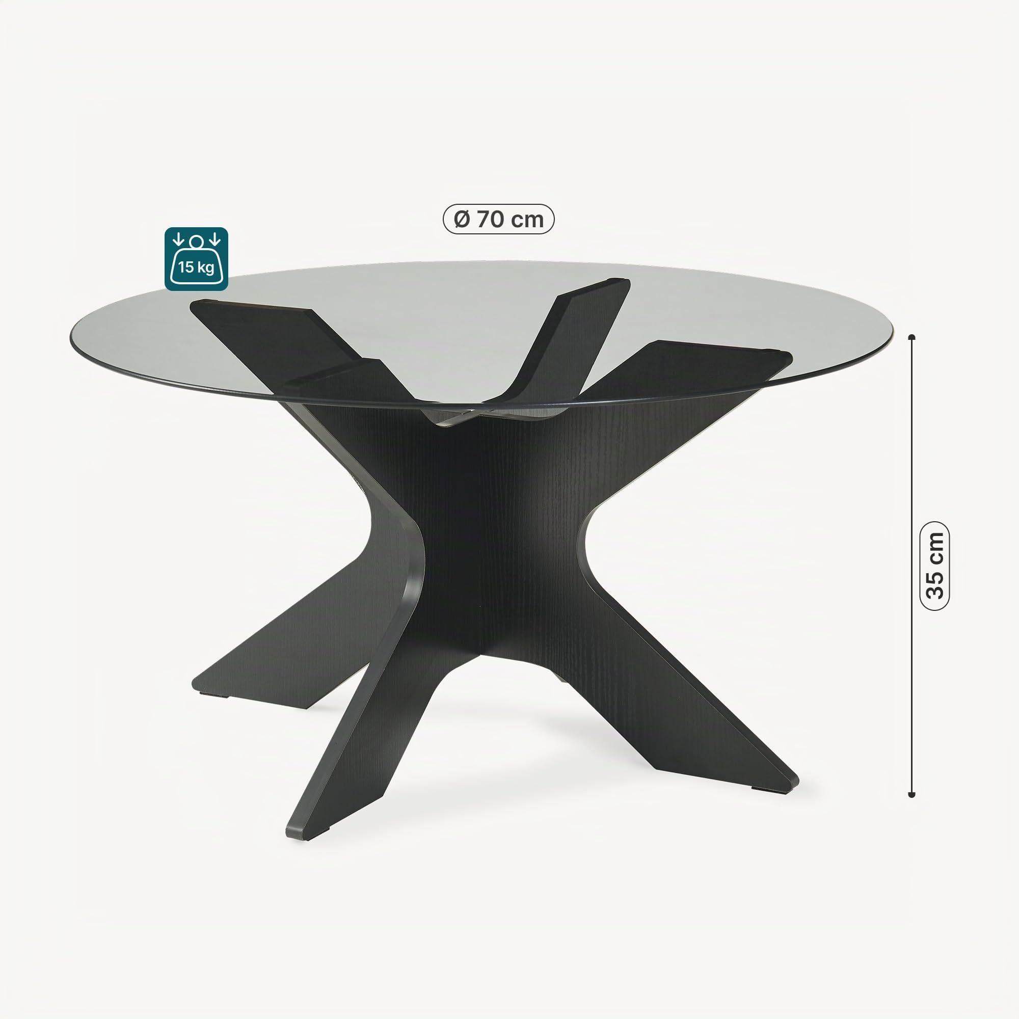 [en.casa] Tavolino da Salotto con Piano Rotondo in Vetro Fumé Temperato Tavolo Basso Centrale da Caffè Ø70 x 35 cm per Soggiorno Living Studio - Grigio/Effetto Legno Nero
