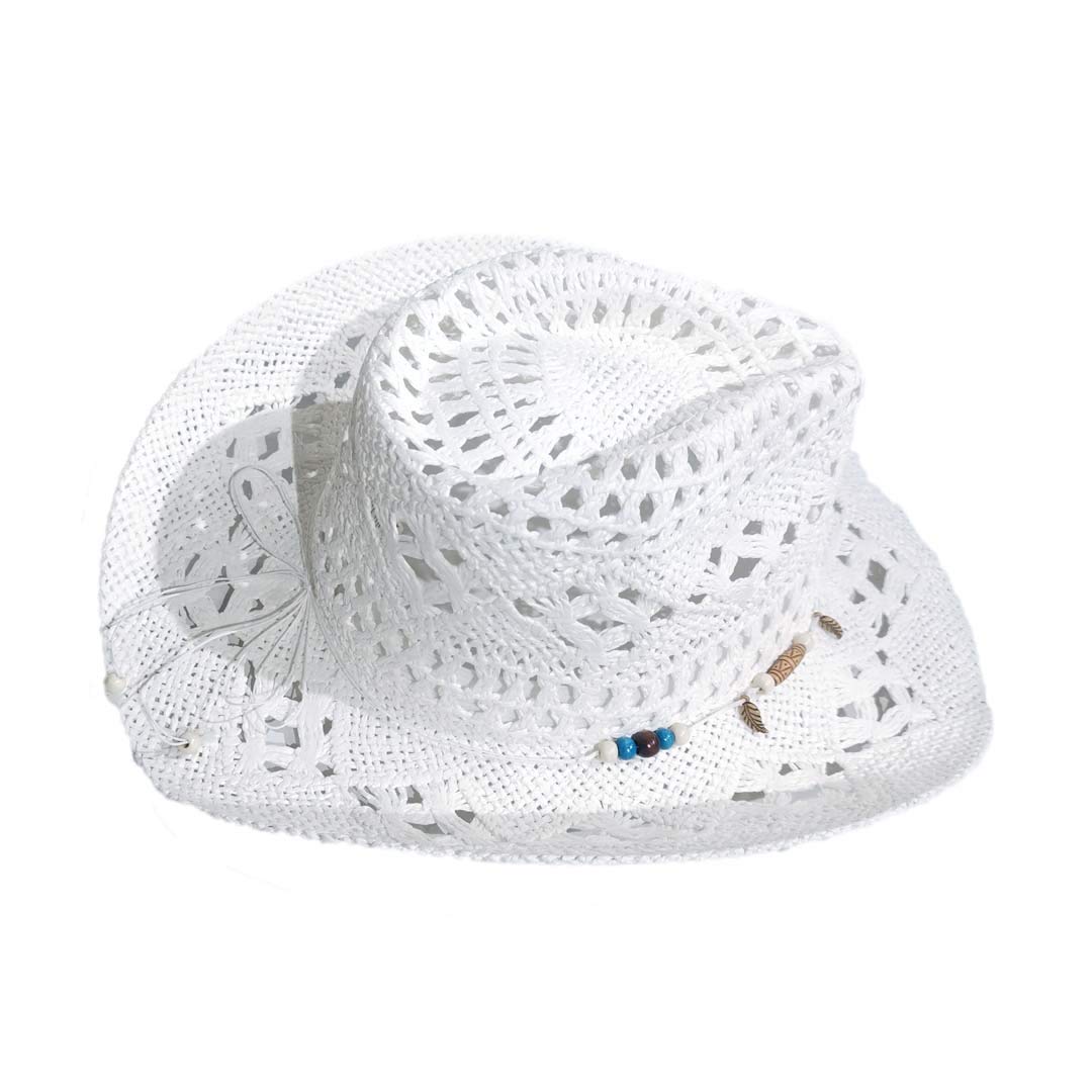 Carnavalife, Sombrero de Papel Natural de Cowboy Vaquero, con Banda de Tela, Unisex Talla Única Hombre Mujer para Verano. Color Blanco.