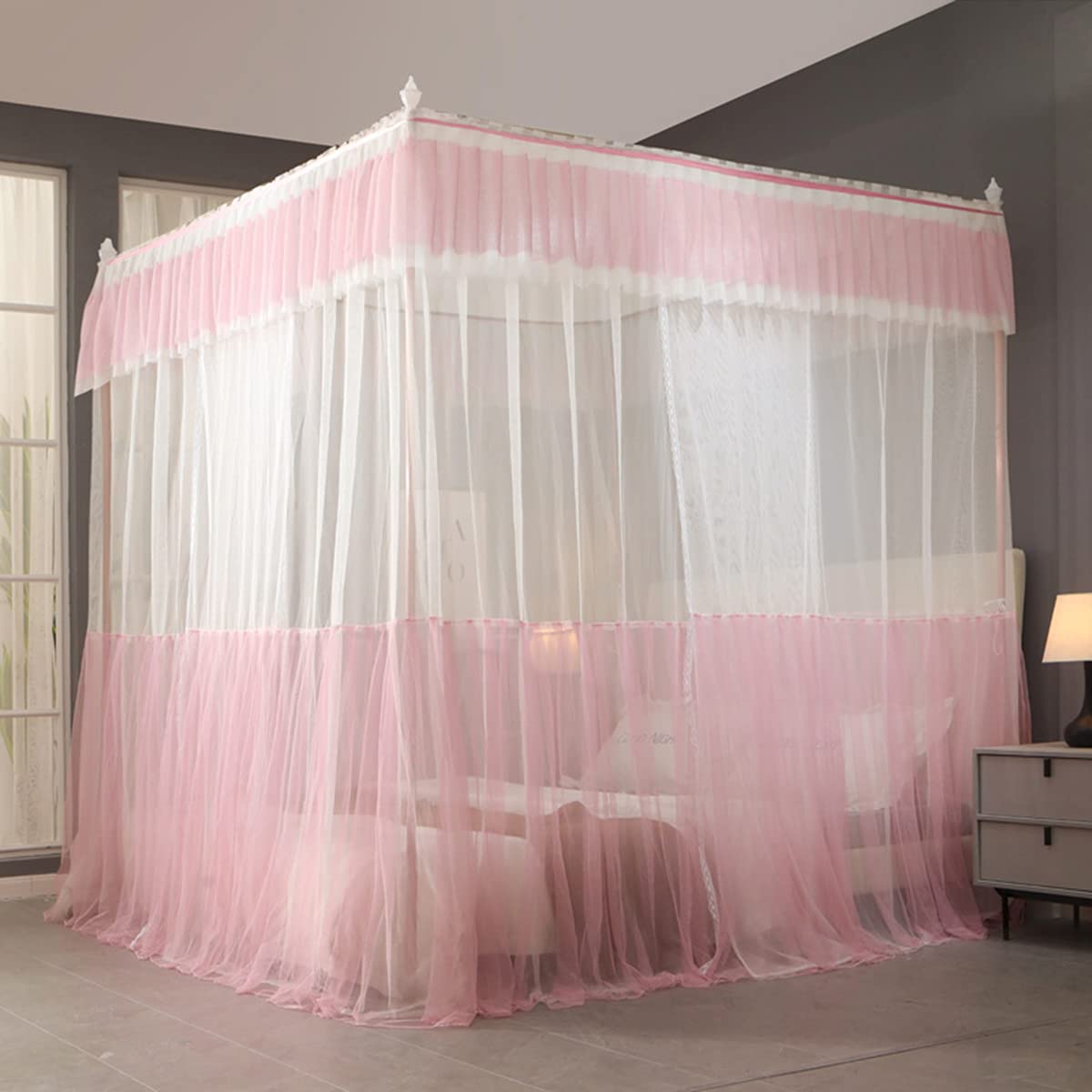 Auvent de lit OKUOKA moustiquaire rose pour lit simple et double avec cadre en alliage d'aluminium