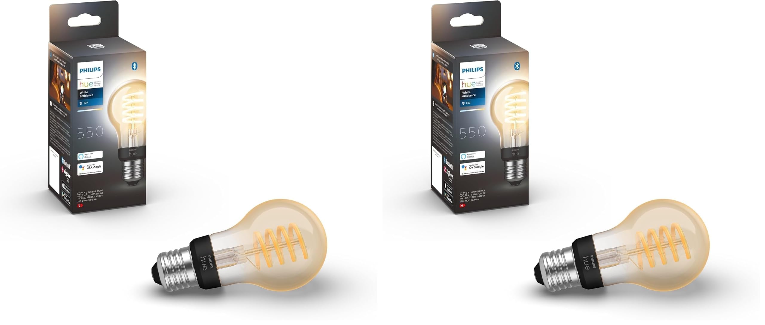 Philips Hue White Ambiance, ampoule LED connectée Filament E27, compatible Bluetooth, fonctionne avec Alexa, Google Assistant et Apple Homekit (Lot de 2)