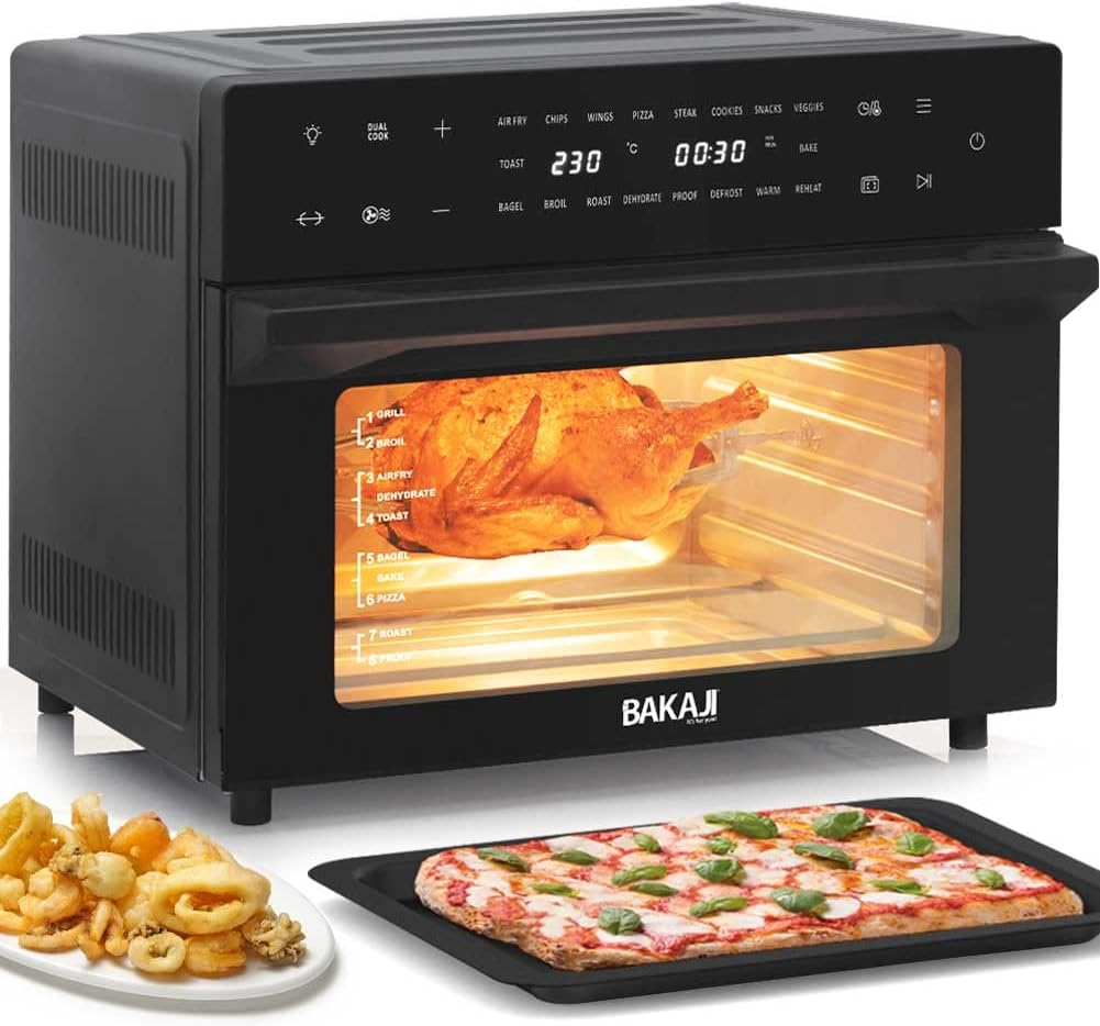 Bakaji Forno Friggitrice ad Aria Calda Capacità 30Lt 1800W Frigge Griglia Essicca Senza Olio Airfryer Display Touch 18 Programmi Funzione Doppia Cottura Timer Regolazione Temperatura Doppio Vetro