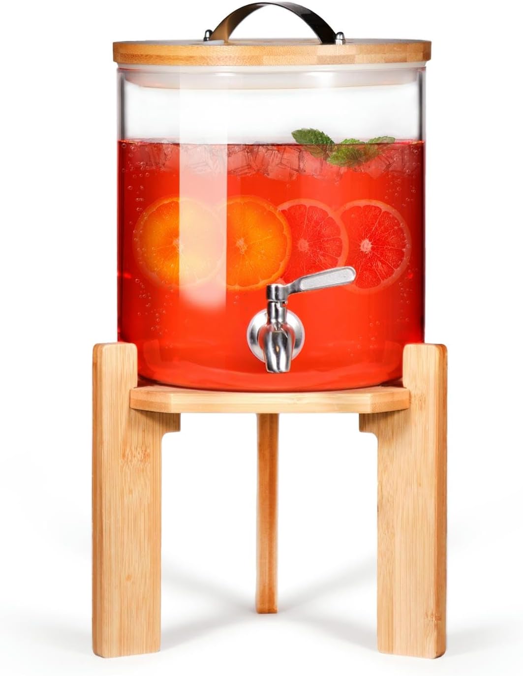 Glass Beverage Dispenser with Bamboo Stand 6.7 In and Lid, Iced 1.5 Gallon Drink Server with Spigot, Large Thick Glass Drink Dispenser for Parties, Hotels, Restaurants, Homes Bamboo Glass 1.5 Gallon