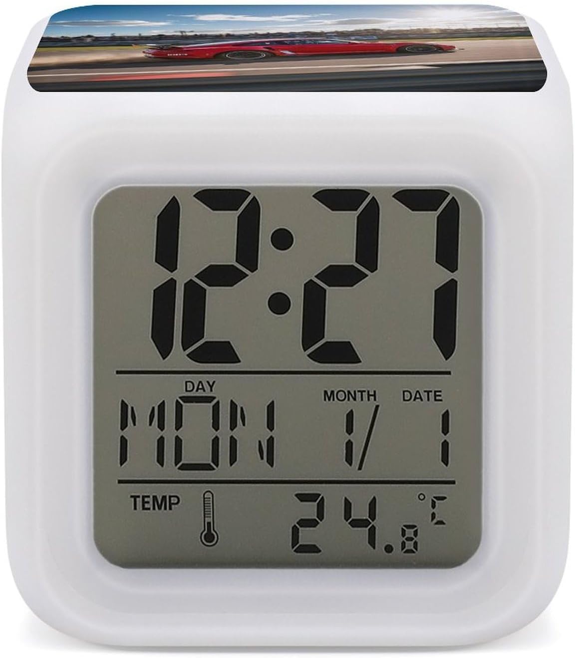 Alarm Clock 3.1 Inch with 7 Color Night Light, LED Display, Time/Date/Temperature, Modern Geometric Design, Rapid Sports Car Digital Clock for Home & Office