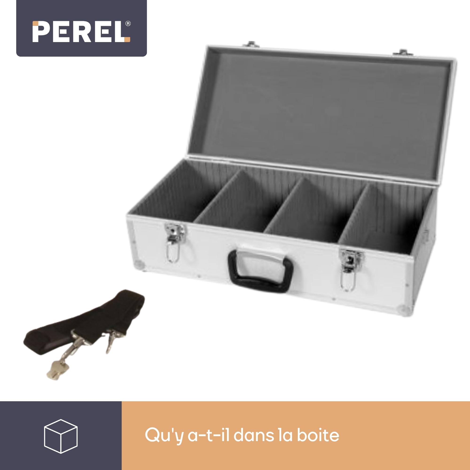 Perel Coffret pour 80 CD, verrouillage à clé, 2 clés, aluminium, 565 x 265 x 170 mm