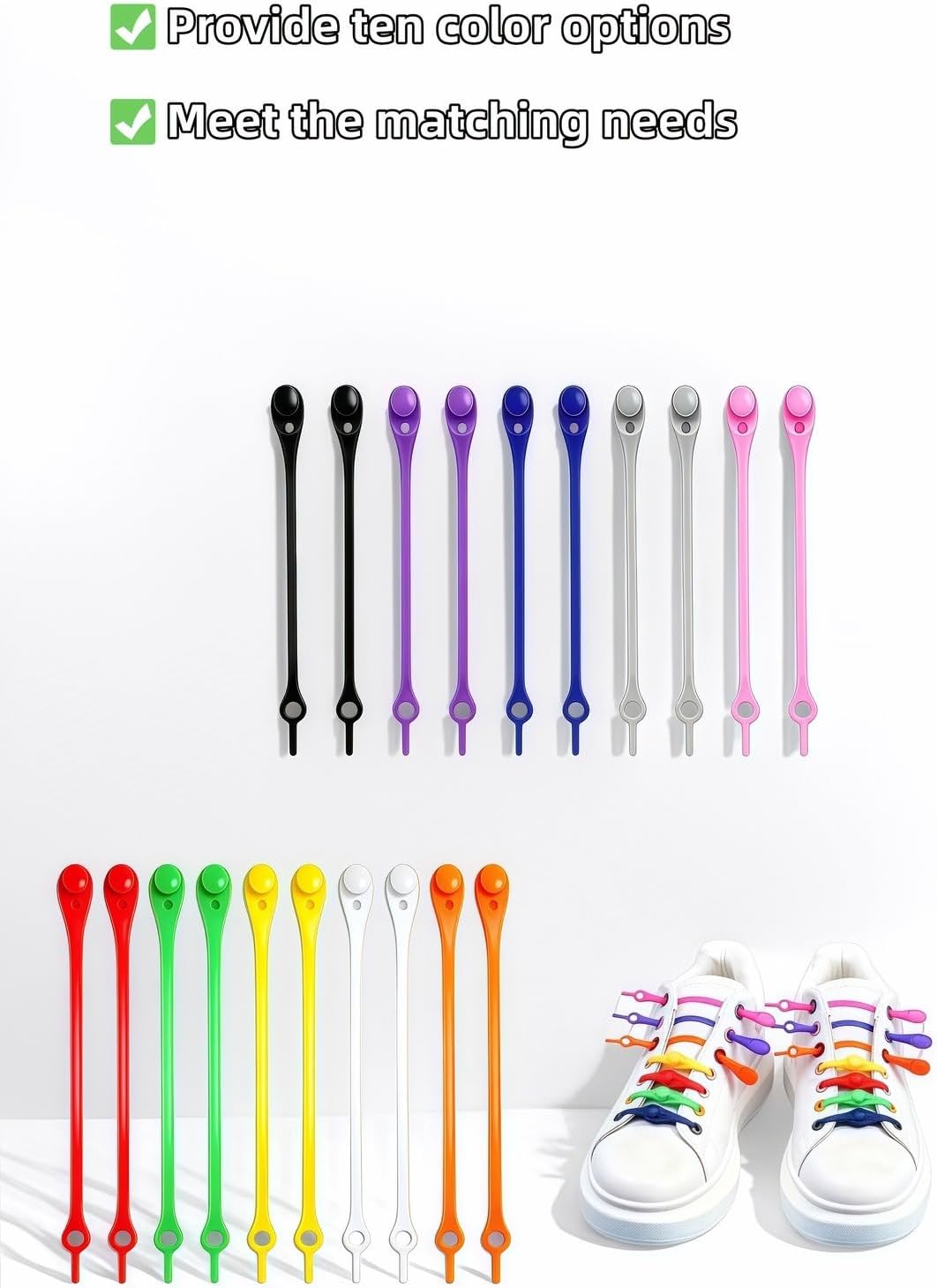 Elastic No-Tie Shoelaces for Sneakers | 20-Pack Vibrant Color Silicone Shoe Laces for Adults, Teens | Easy Lock Slip-On Conversion Kit for Athletic Shoes, Fashion Sneakers (10 Colors)