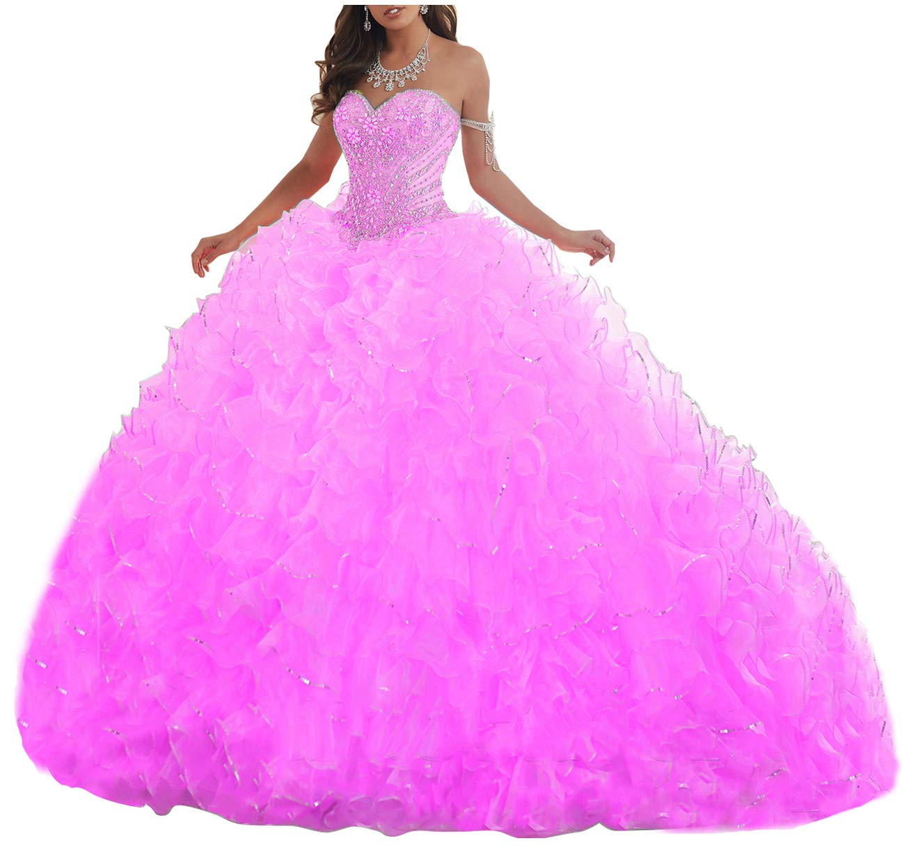 Women's Organza Ruffles Quinceanera Beaded Sweetheart Prom Ball Gown