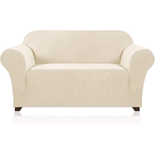 PrinceDeco Stretch Loveseat Sofa Cover Slipcover Couch Cover for 2 Cushion Sofa Washable Sofa Cover for Pets Friendly Furniture Protector Covers with Non Slip Bottom(Loveseat, Biscotti Beige)