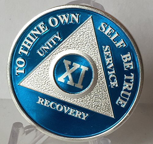 Blue & Silver Plated 11 Year Aa Alcoholics Anonymous Sobriety Medallion Chip & Vinyl Protector #TOP2