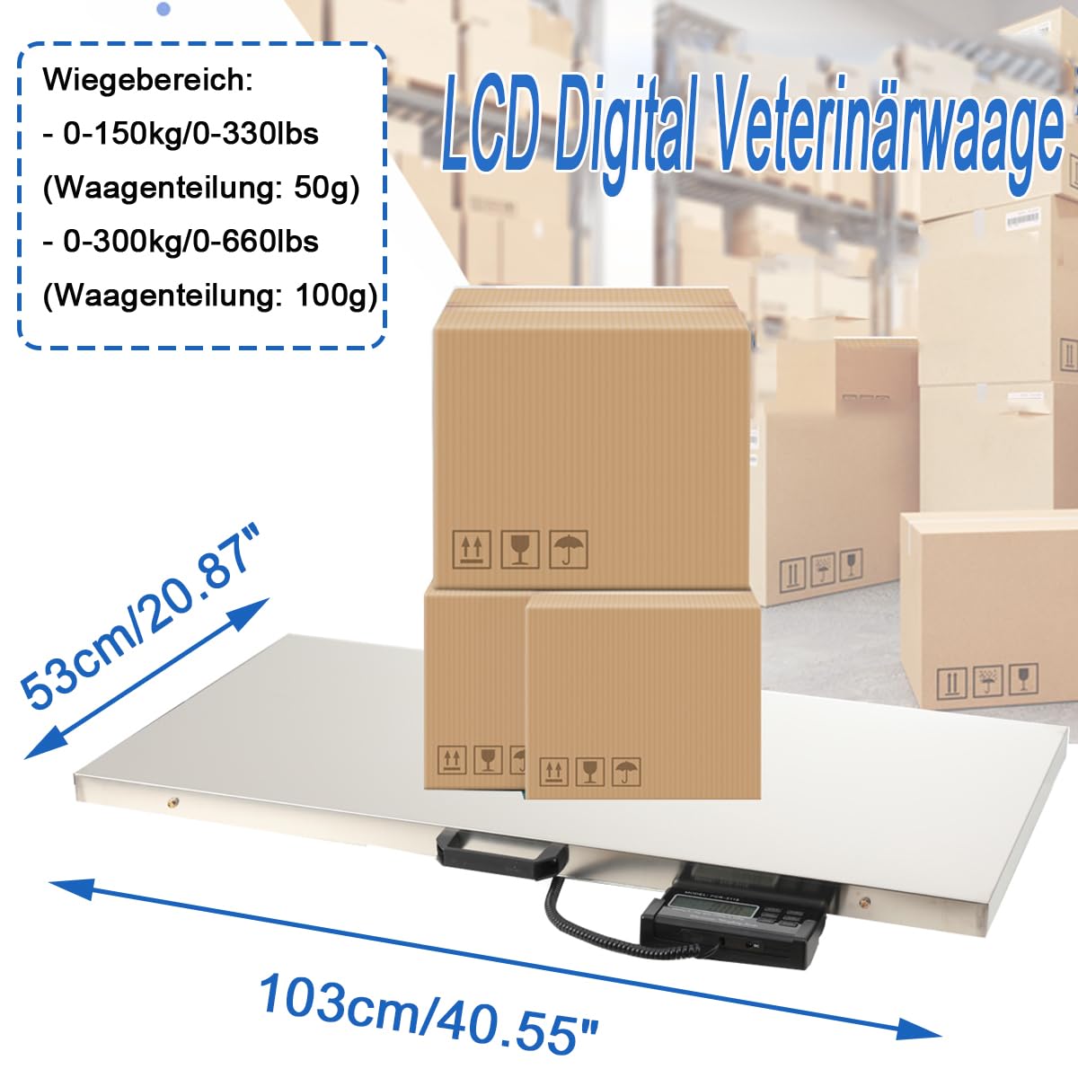 Veterinärwaage 103x53cm, 150kg/50g 300kg/100g Bodenwaage Plattformwaage, LCD Digitalwaage Große Tierwaage Hundewaage Paketwaage Haustierwaage