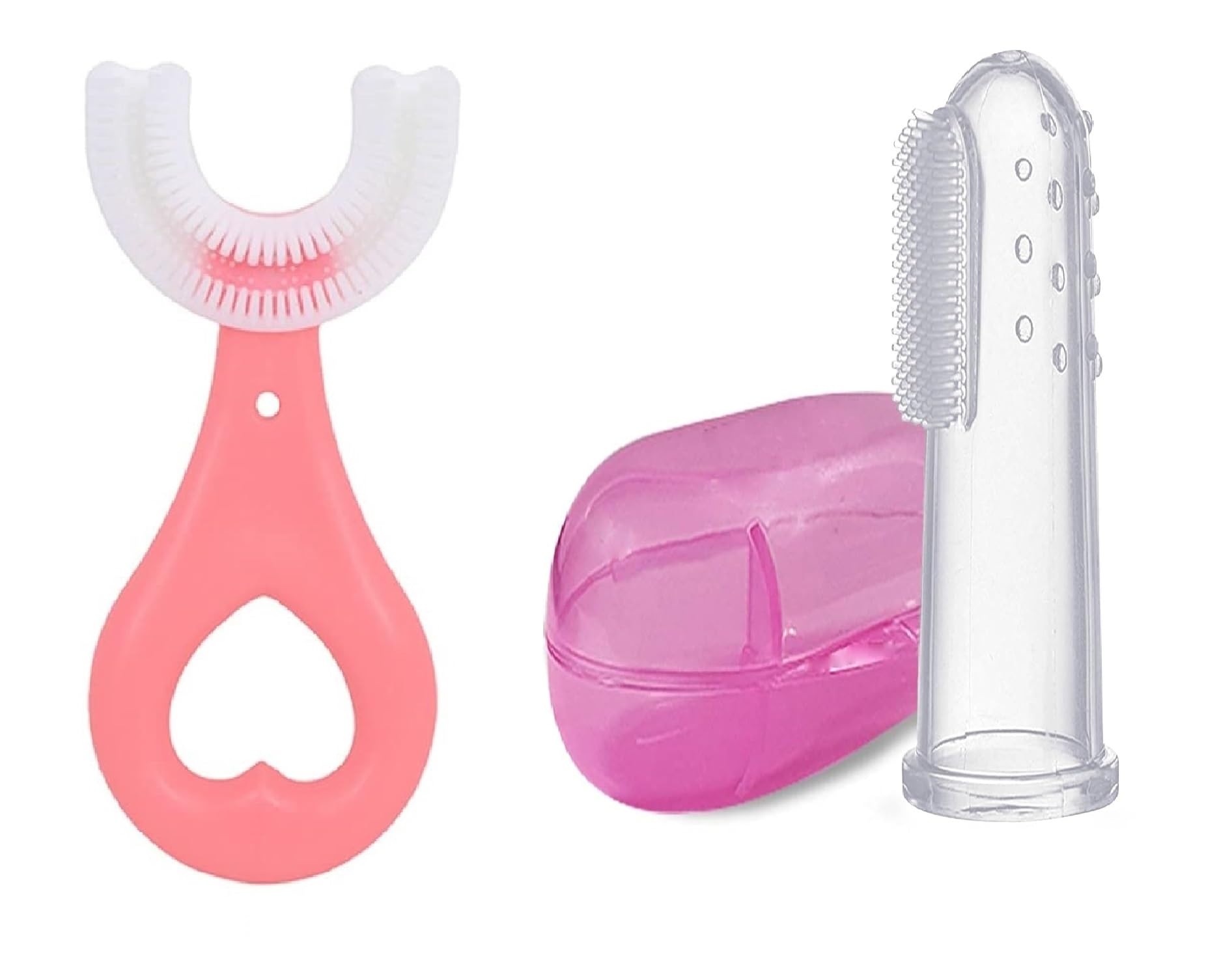 Baby and Kids Silicone Toothbrush Set Finger Toothbrush with Tongue Cleaner and Case U Shaped Soft Silicone Manual Toothbrush BPA Free Food Grade 360 Degree Cleaning Pack of 2 Pink-image-11