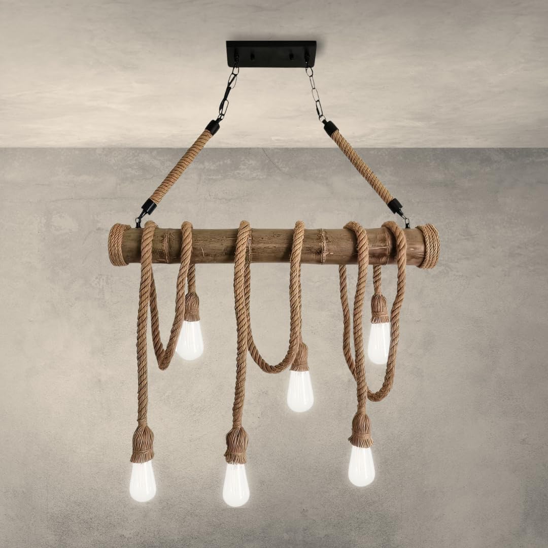 Lampadario Industriale Vintage in Corda di Canapa e Bambù, 6 Luci E27, Stile Rustico Loft per Sala da Pranzo Cucina Bar – B23-6