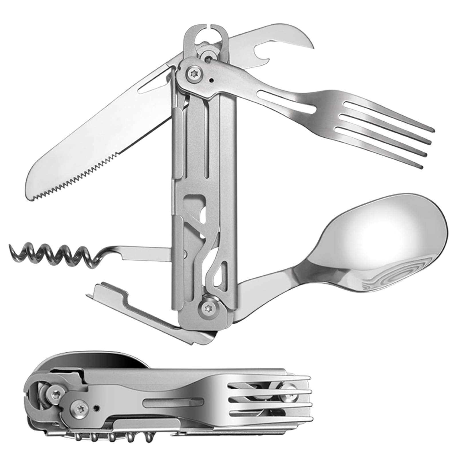 Set Couverts Camping Pliable Lotbun - 5 En 1 (couteau, Fourchette, Cuillère, Ouvre-boîte, Décapsuleur) - Sac Inclus