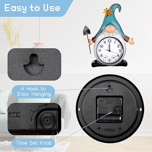 Miniatura 4 de Gnome - Reloj para exteriores con termómetro y humedad, reloj de pared de cuarzo de 14.5 pulgadas, silencioso, sin tictac, para patio, sala de