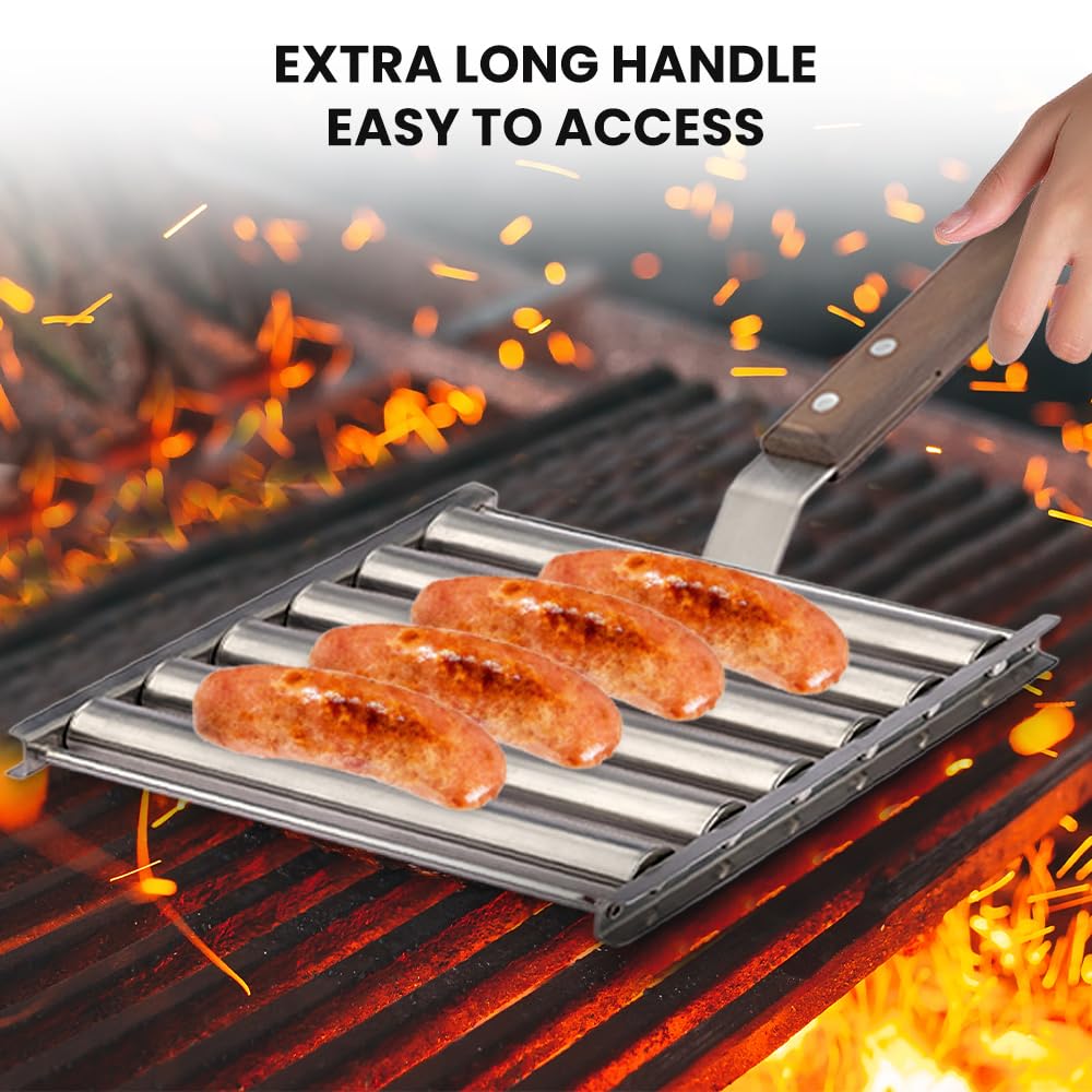 Hot Dog Roller Sausage Roller Rack, 2025 Upgraded Hot Dog Roller for Grill, Stainless Steel Sausage Roller Rack with Extra Long Wood Handle, for Outdoor Cooking and Barbecue Essentials Tool (1)