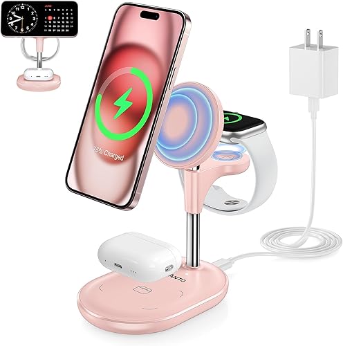Miniatura 3 de Hevanto Soporte cargador 3 en 1 Mag-Safe para iPhone, AirPods y Apple Watch, paquete de 2 (negro y rosa pálido)