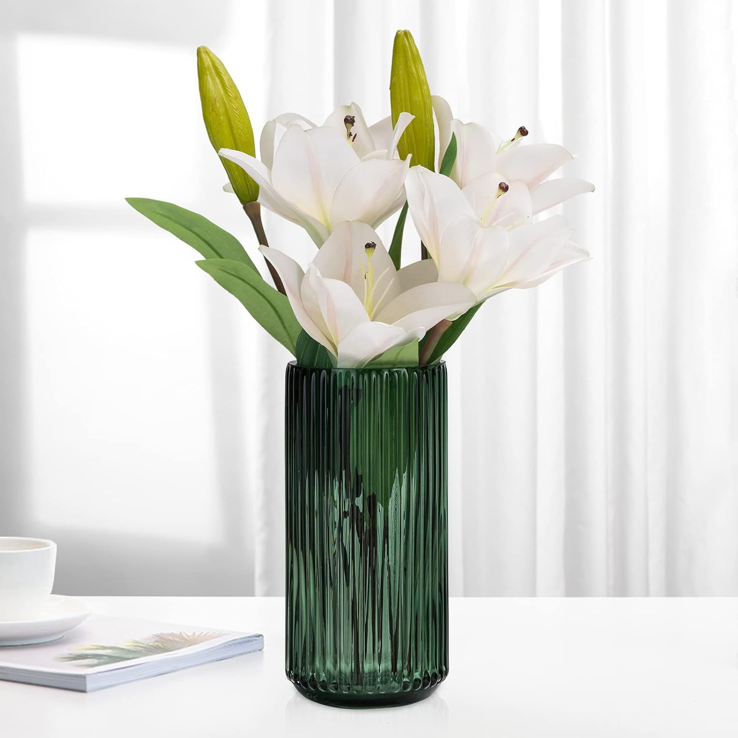 Flower Vase 9.7 inch Green Thickened Hand Blow Glass Vase Round Vintage Striped Bottles for Bookshelf,Dinner Table,Indoor Office Desktop,Meeting Room,Bathroom,Countertop,Home - Image 3