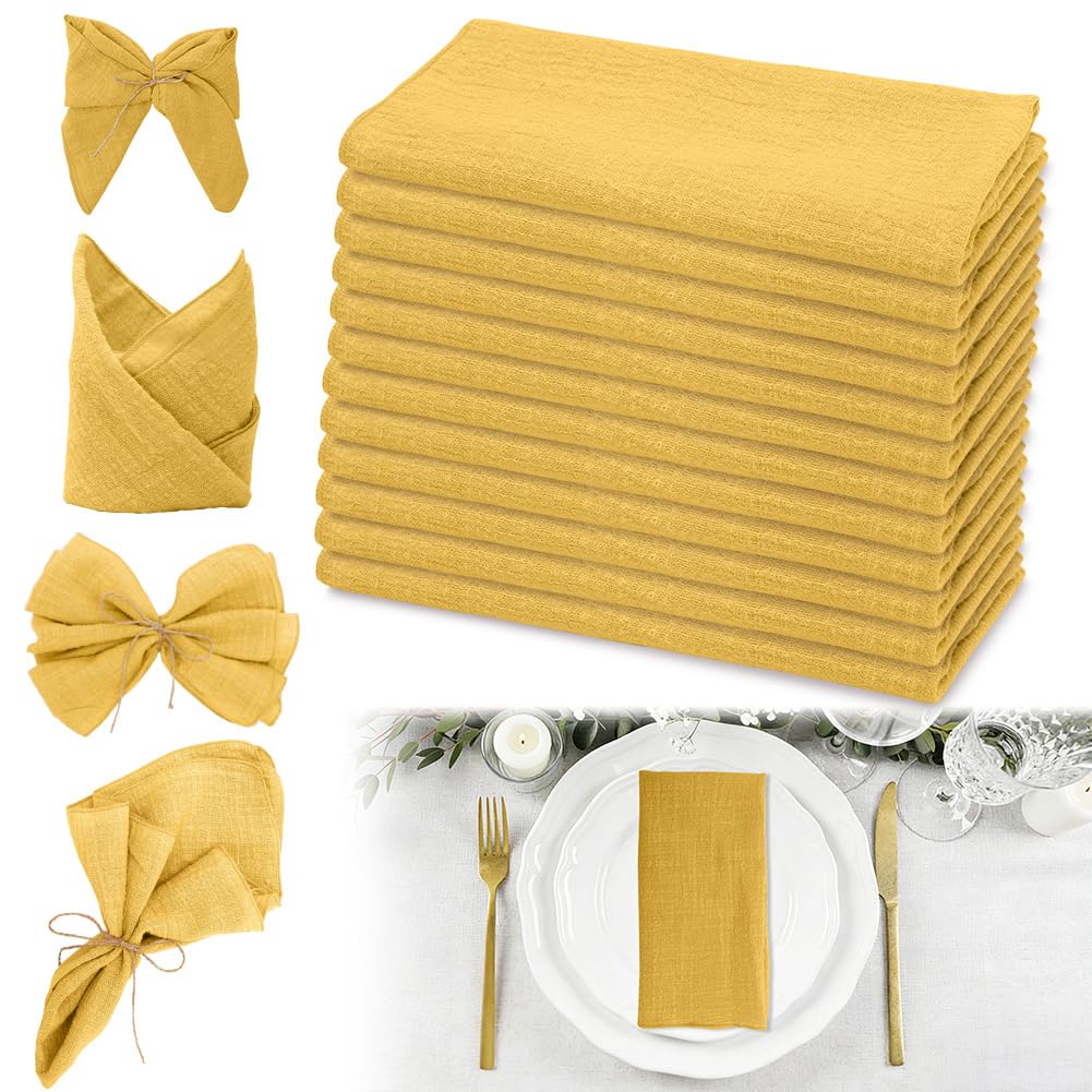 Tovaglioli in cotone, set da 12 tovaglioli in tessuto giallo senape, tovaglioli in cotone, 43 x 43 cm, tovaglioli in cotone, riutilizzabili, per compleanni, feste di famiglia, feste