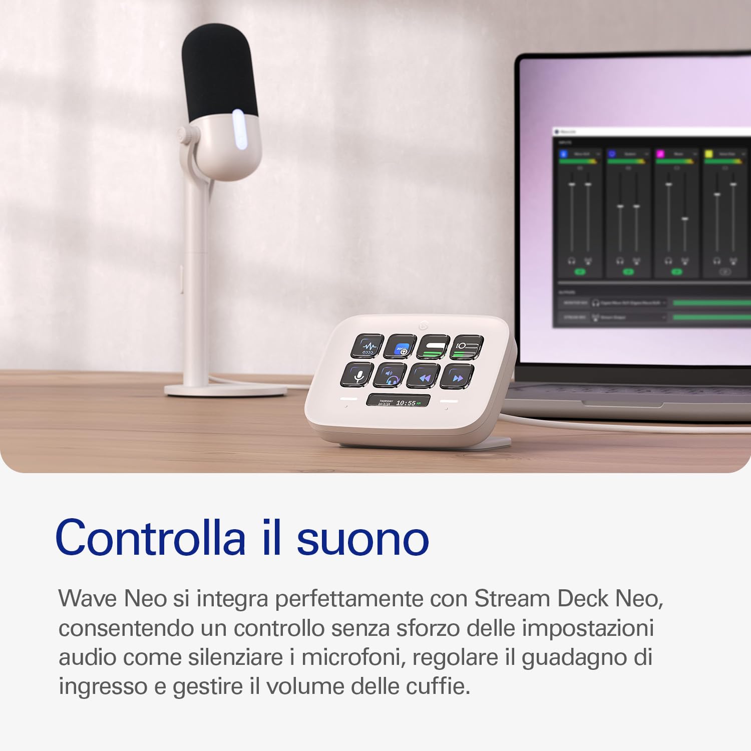 Elgato Wave Neo – Microfono a condensatore USB, funzione Mute, per gaming, streaming, riunioni, registrazioni vocali su Teams/Zoom/OBS/Twitch/YouTube, plug’n'play, per portatili, PC, Mac, iPad, iPhone