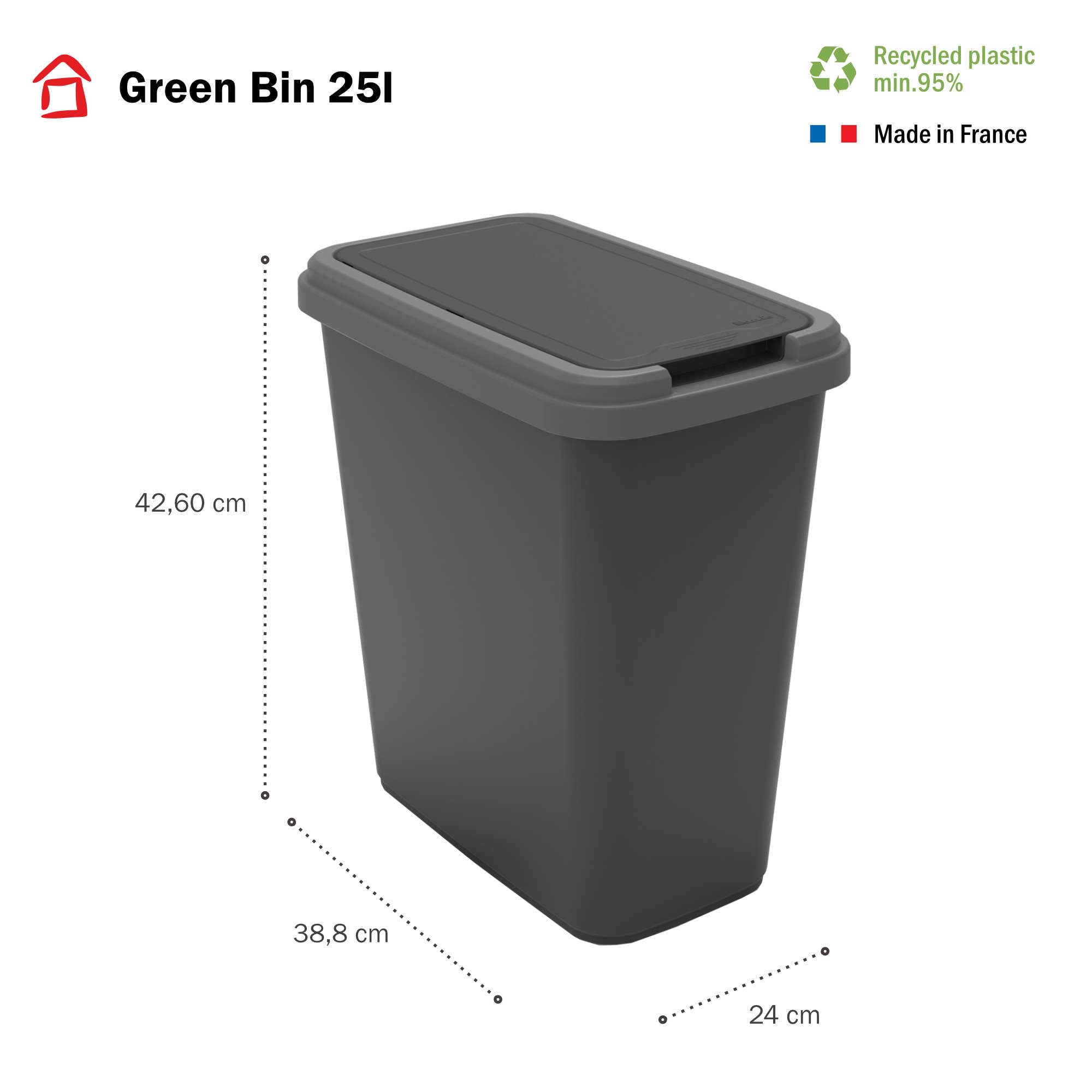 SUNDIS Green Bin, pattumiere per raccolta, 25L, rettangolare, in plastica riciclata, coperchio incernierato o fisso, con adesivi, per cucina, ufficio, lavanderia, garage, officina