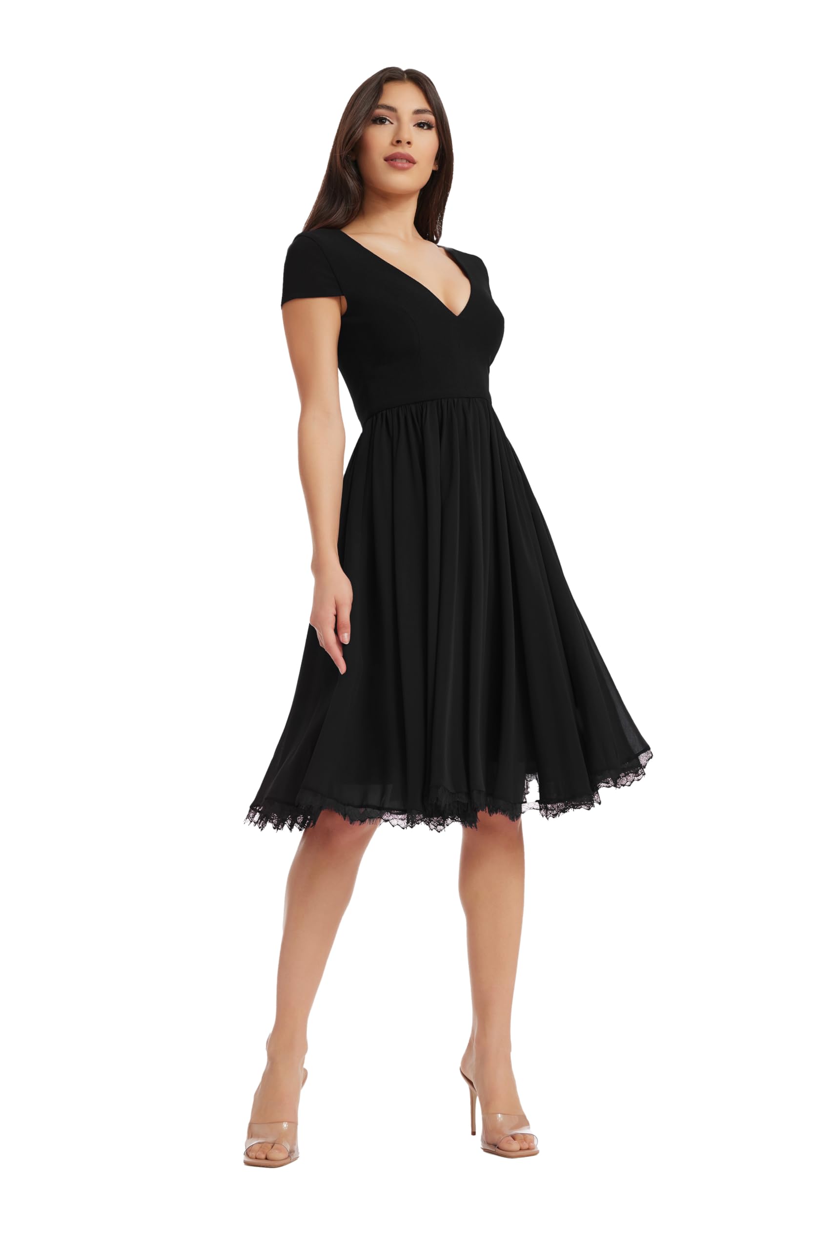 Dress The Population Corey - Vestido Midi Acampanado con Mangas Casquillo para Mujer, Negro -, M