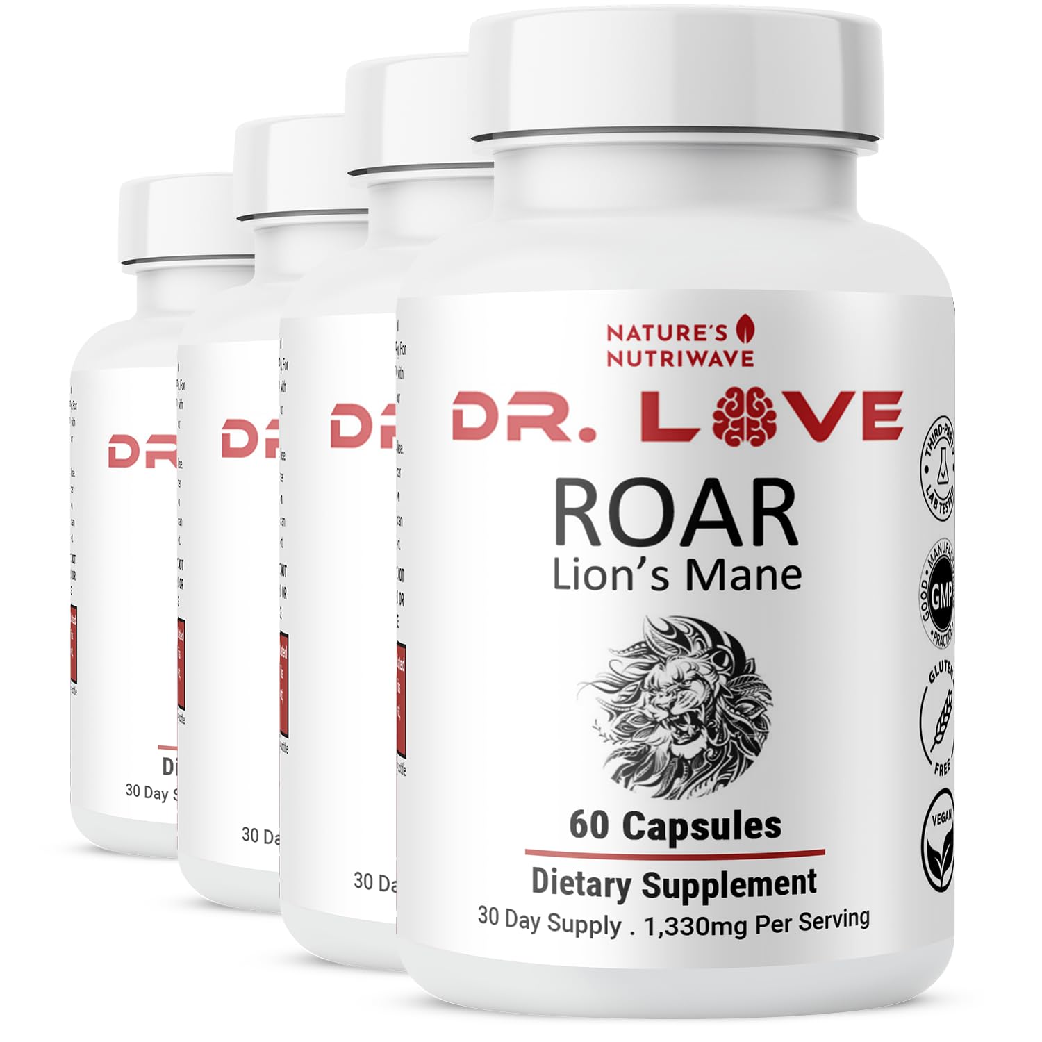 Dr. Love Roar Lion’s Mane Mushroom Supplement – Plant-Based Formula with Cordyceps, Reishi & Shiitake – Vegan, Gluten-Free, GMP Certified, Made in USA – 60 Capsules, 4 Month Supply
