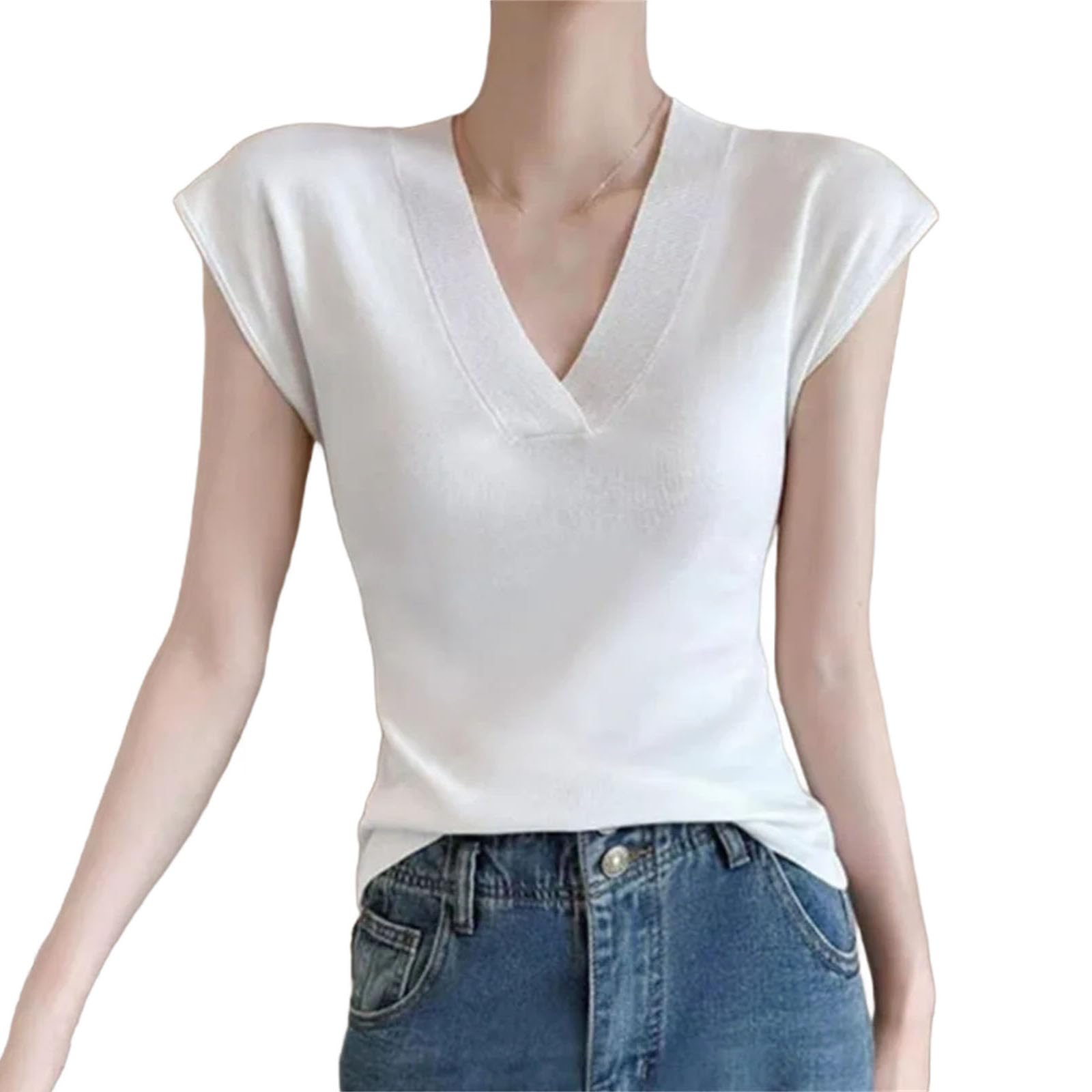 Top da donna con scollo a V, tinta unita, sottile, senza maniche, morbido, elastico, da ufficio